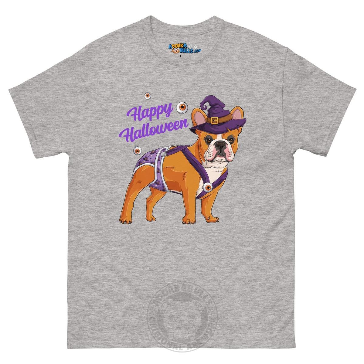Happy Halloween Witch Spina Bifida Tee – Frenchie · Red & White · Male – Sport Grey
