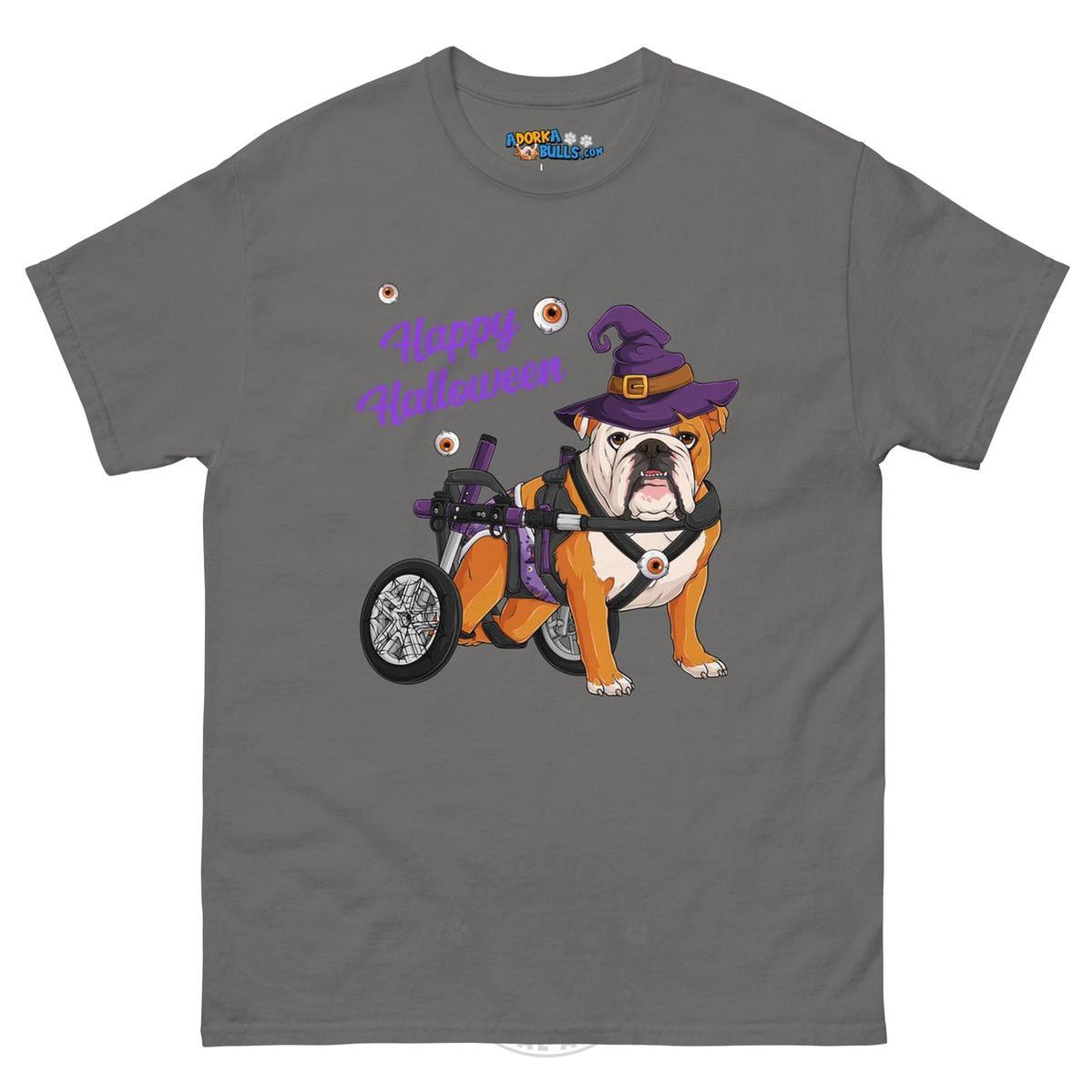 Happy Halloween Witch Wheelchair Tee – English Bulldog · Red & White · Male – Charcoal