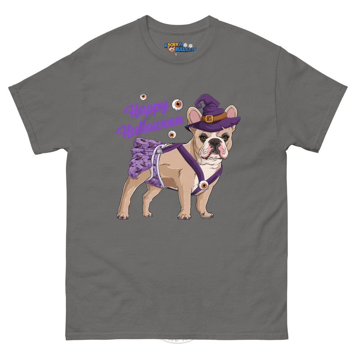 Happy Halloween Witch Spina Bifida Tee – Frenchie · Fawn & White · Female – Charcoal