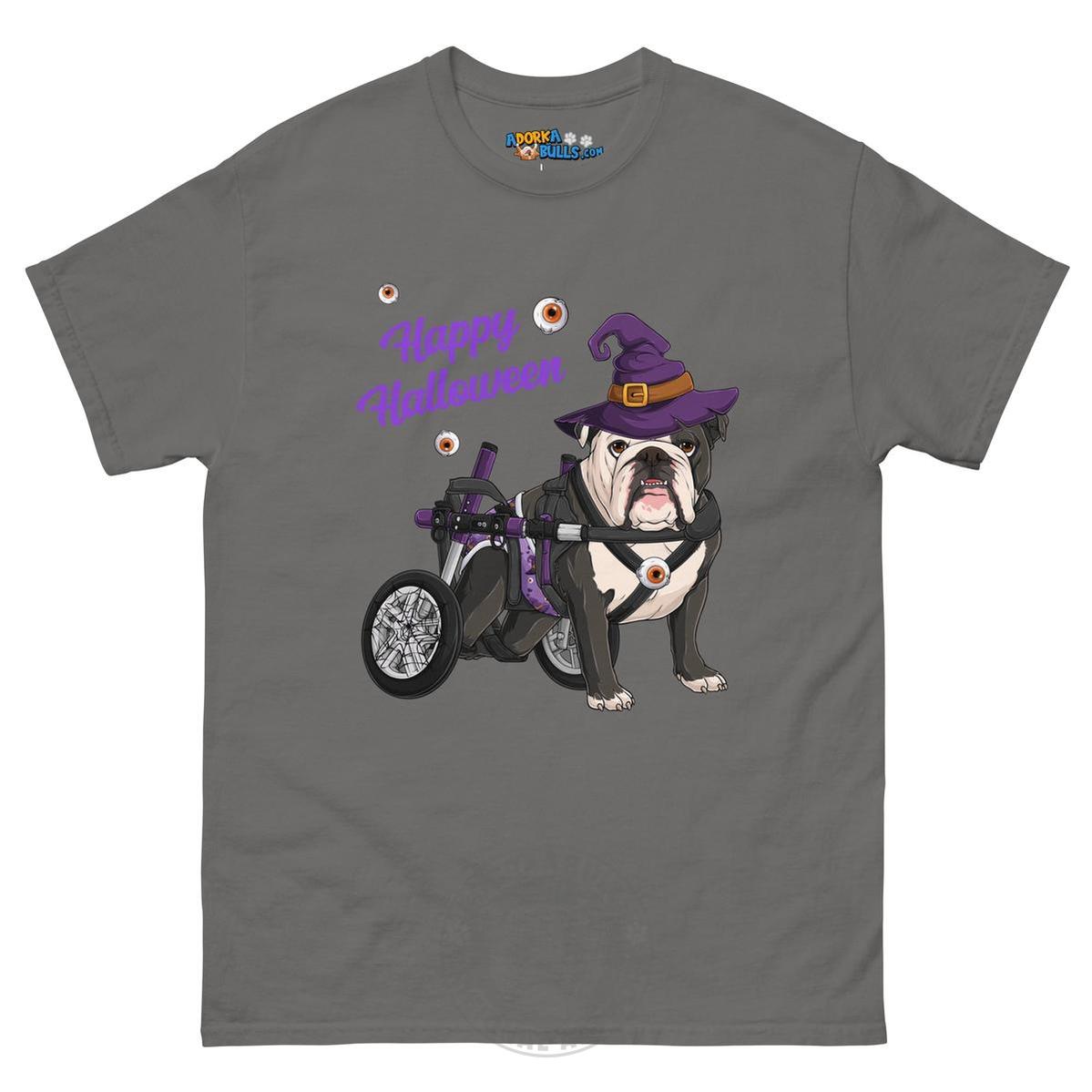 Happy Halloween Witch Wheelchair Tee – English Bulldog · Black & White · Male – Charcoal