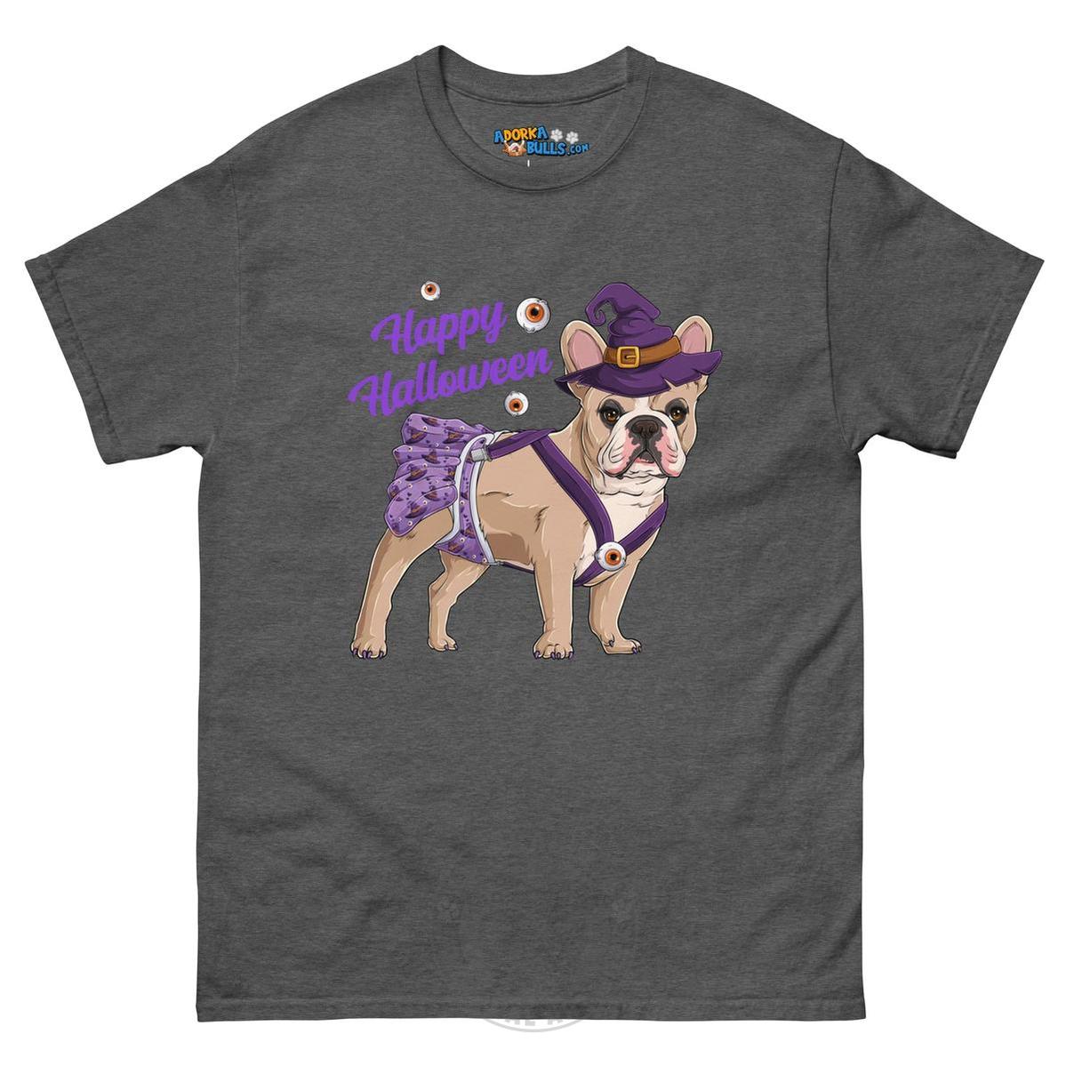 Happy Halloween Witch Spina Bifida Tee – Frenchie · Fawn & White · Female – Dark Heather