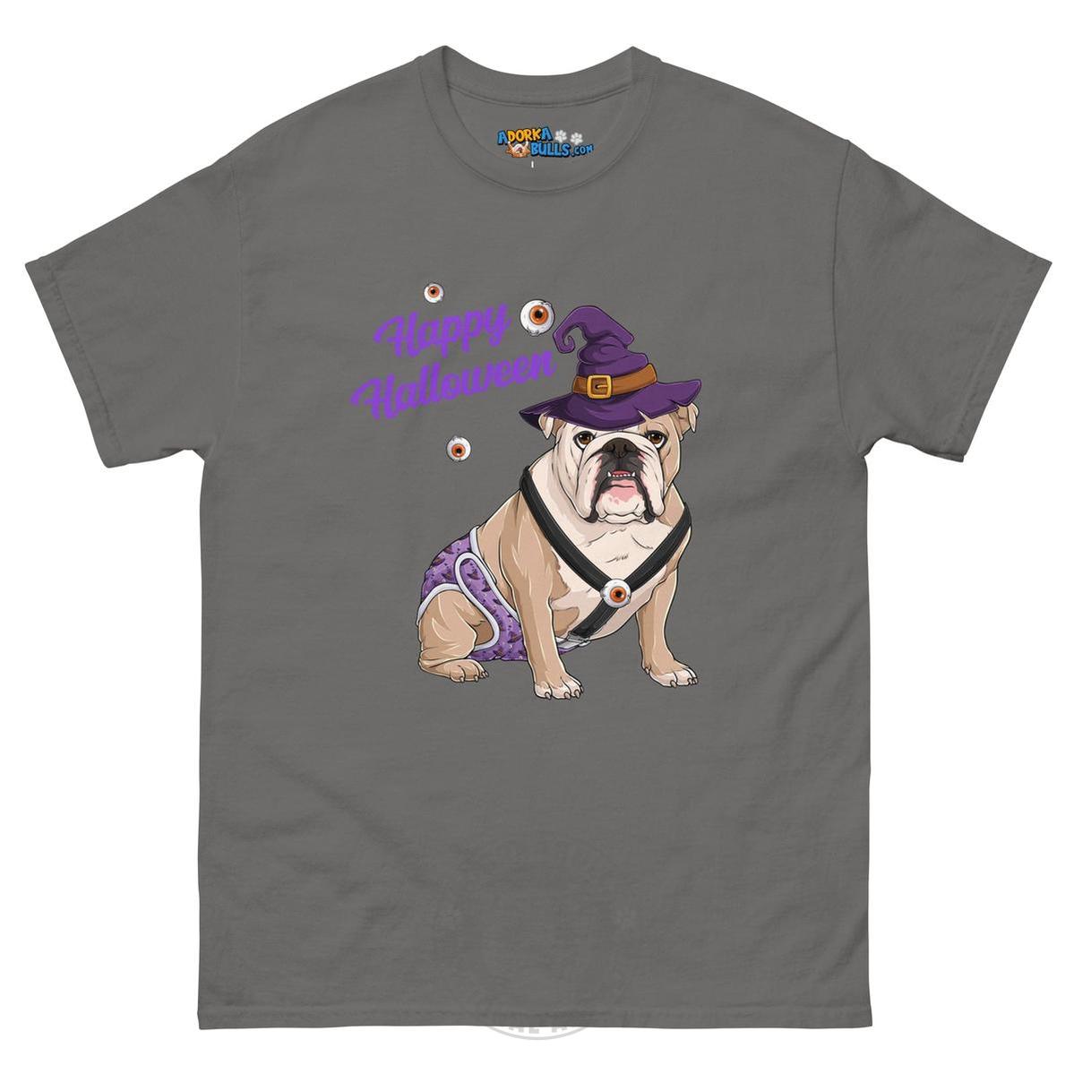 Happy Halloween Witch Spina Bifida Tee – English Bulldog · Fawn & White · Male – Charcoal