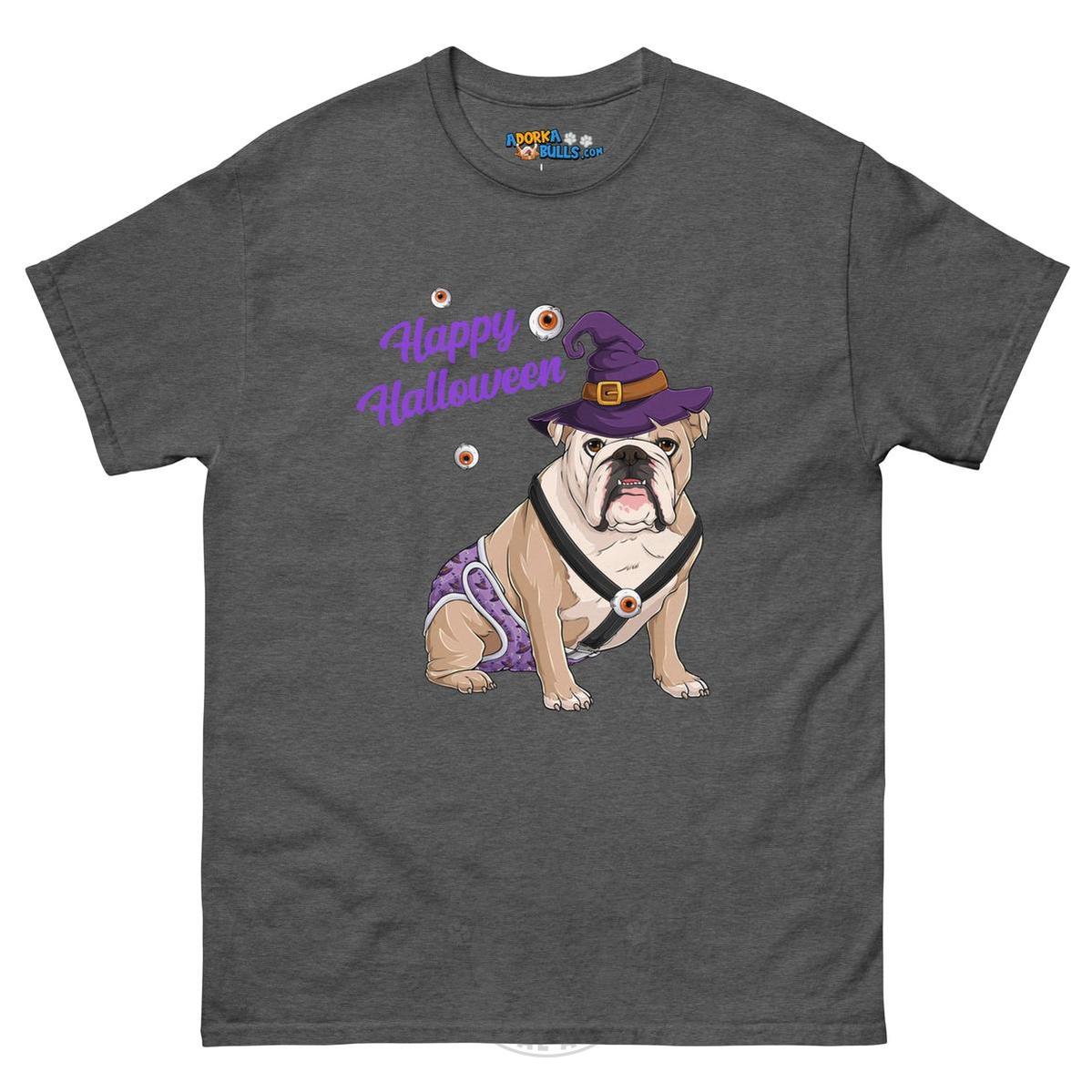 Happy Halloween Witch Spina Bifida Tee – English Bulldog · Fawn & White · Male – Dark Heather
