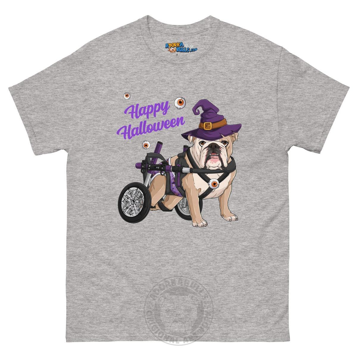 Happy Halloween Witch Wheelchair Tee – English Bulldog · Fawn & White · Male – Sport Grey