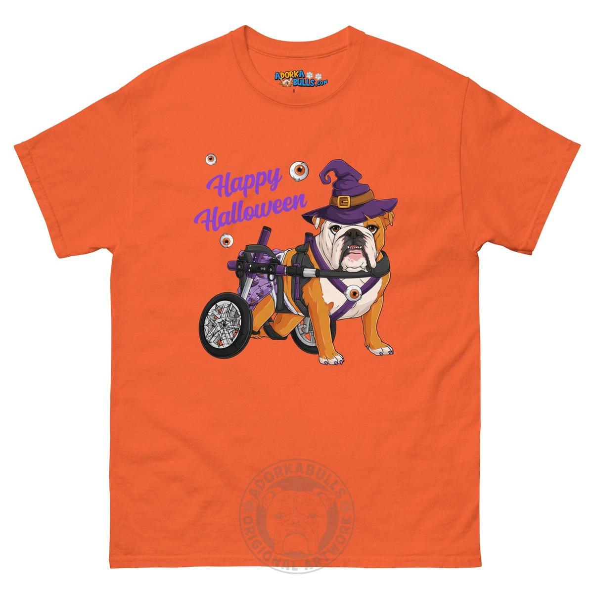 Happy Halloween Witch Wheelchair Tee – English Bulldog · Red & White · Female – Orange