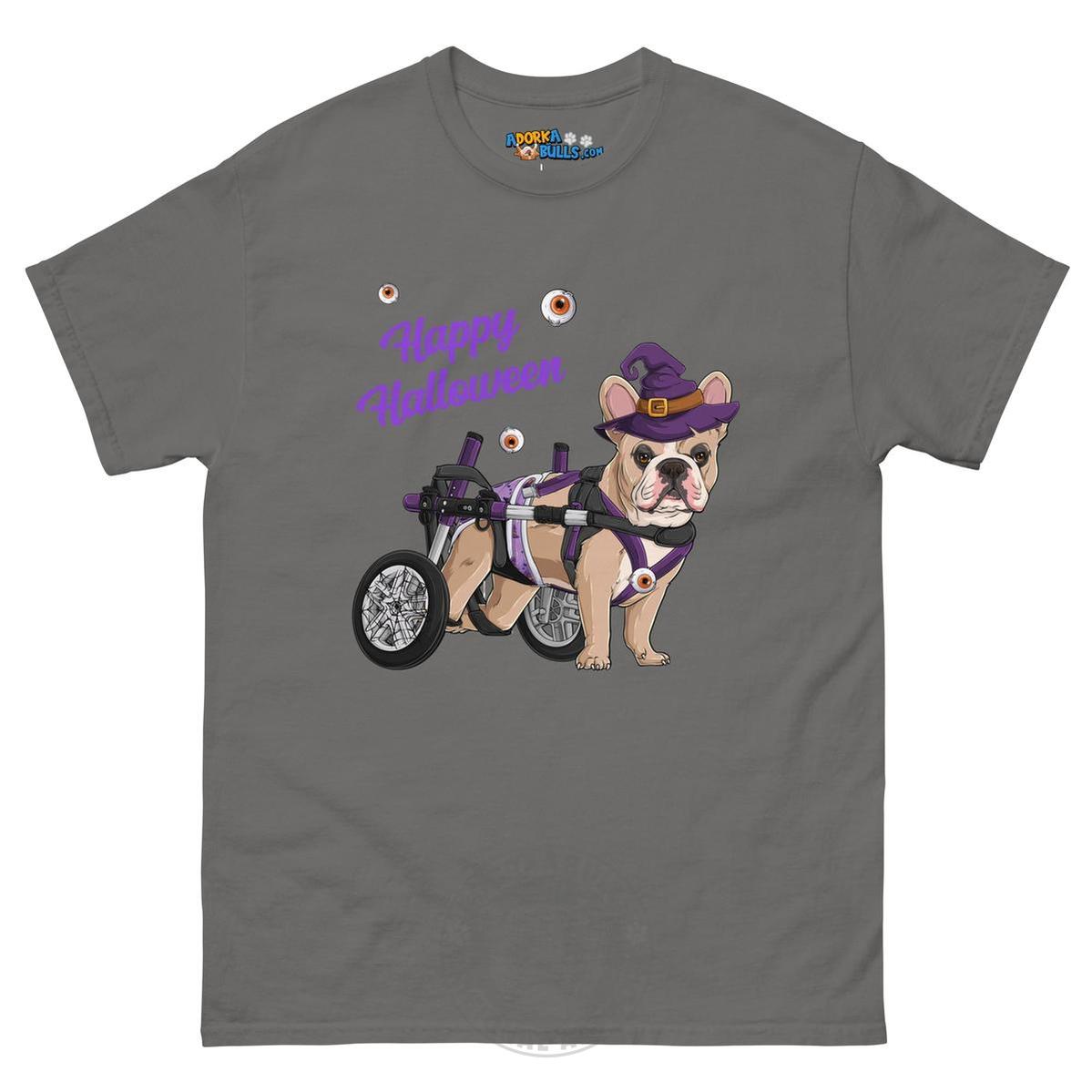 Happy Halloween Witch Wheelchair Tee – Frenchie · Fawn & White · Male – Charcoal