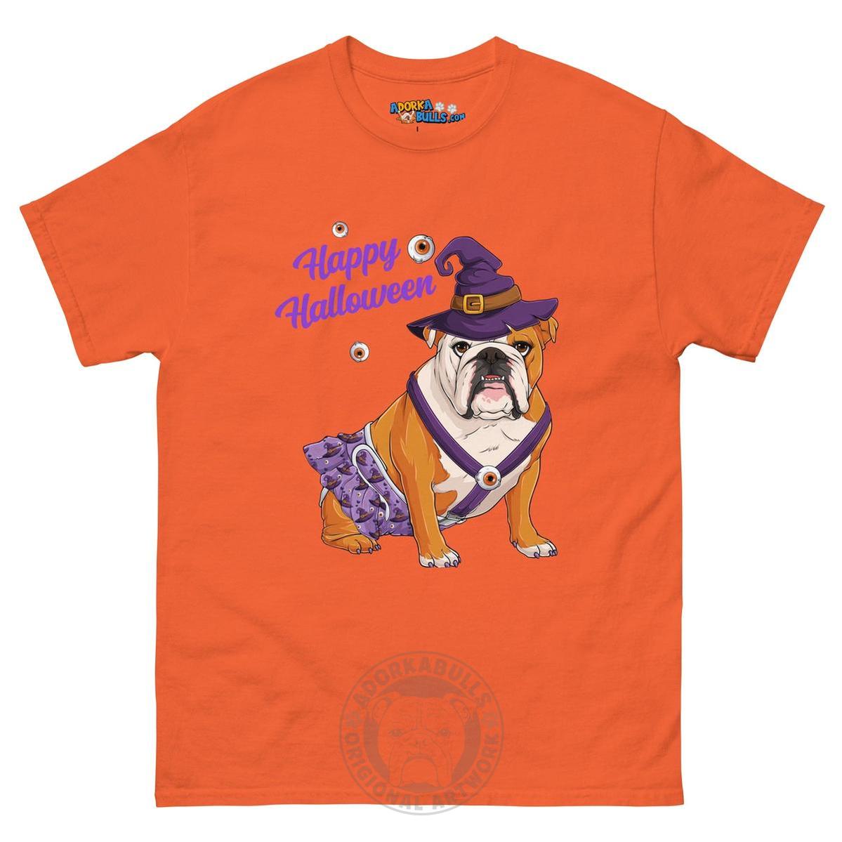 Happy Halloween Witch Spina Bifida Tee – English Bulldog · Red & White · Female – Orange