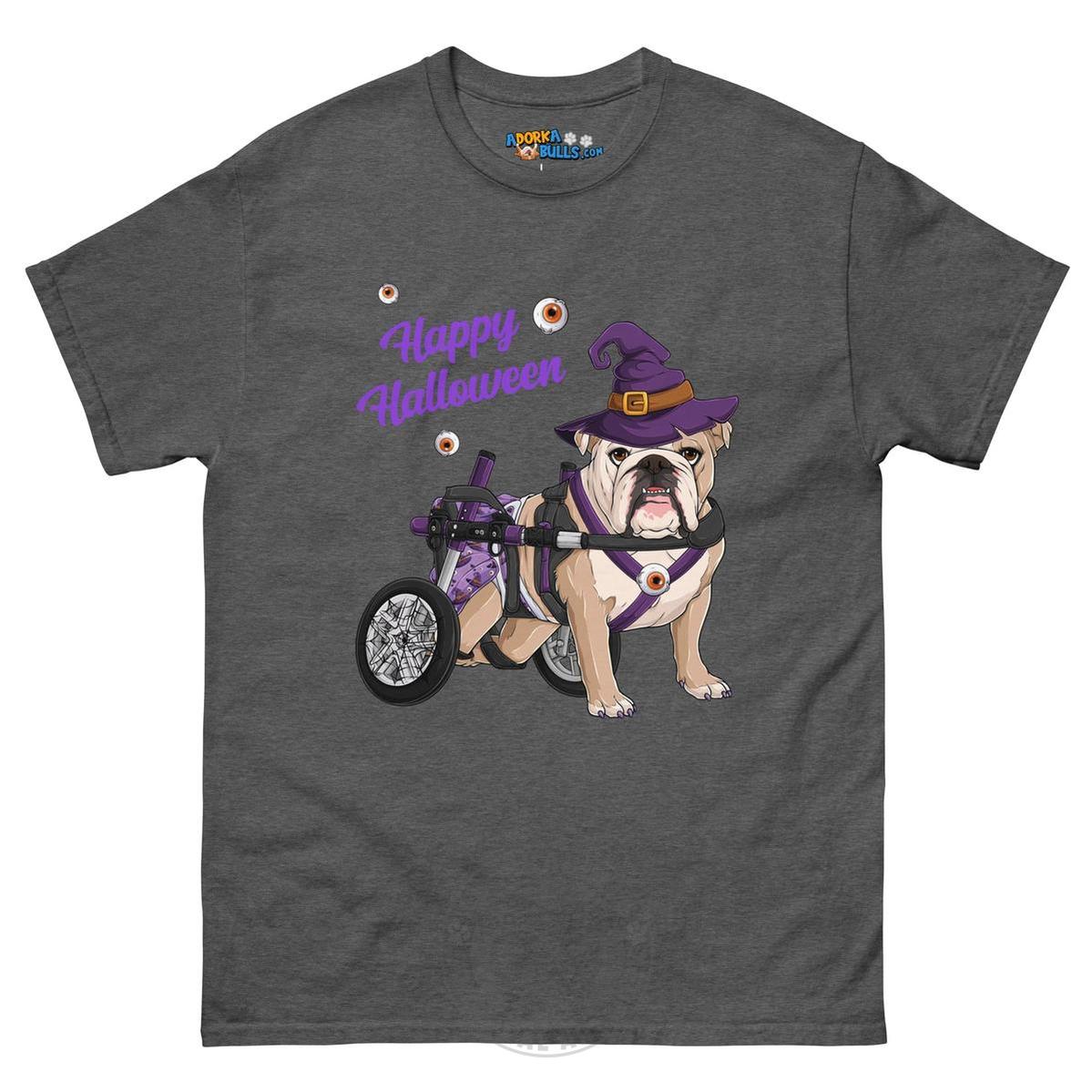 Happy Halloween Witch Wheelchair Tee – English Bulldog · Fawn & White · Female – Dark Heather