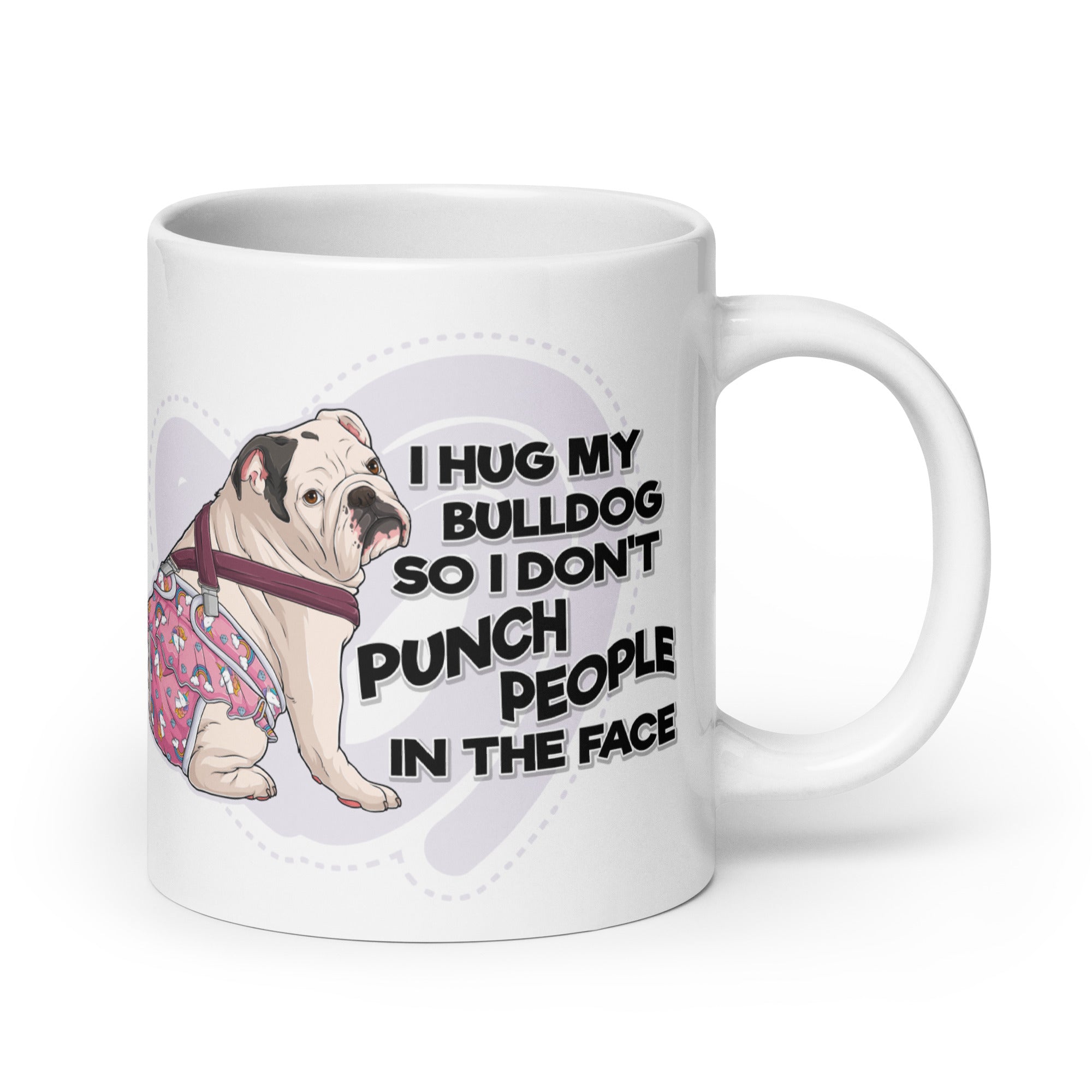 "I Hug My Bulldog" Female English Bulldog Mug | White & Black Colored with Spina Bifida