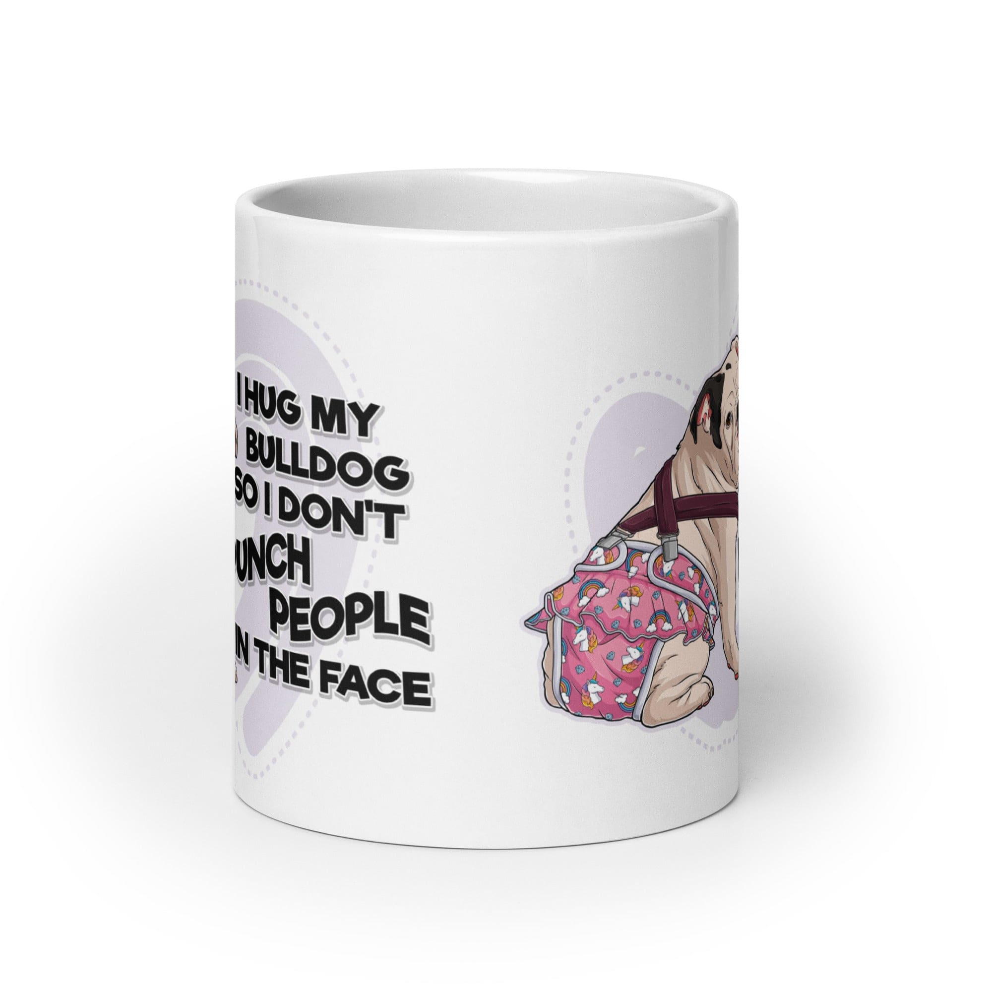 "I Hug My Bulldog" Female English Bulldog Mug | White & Black Colored with Spina Bifida