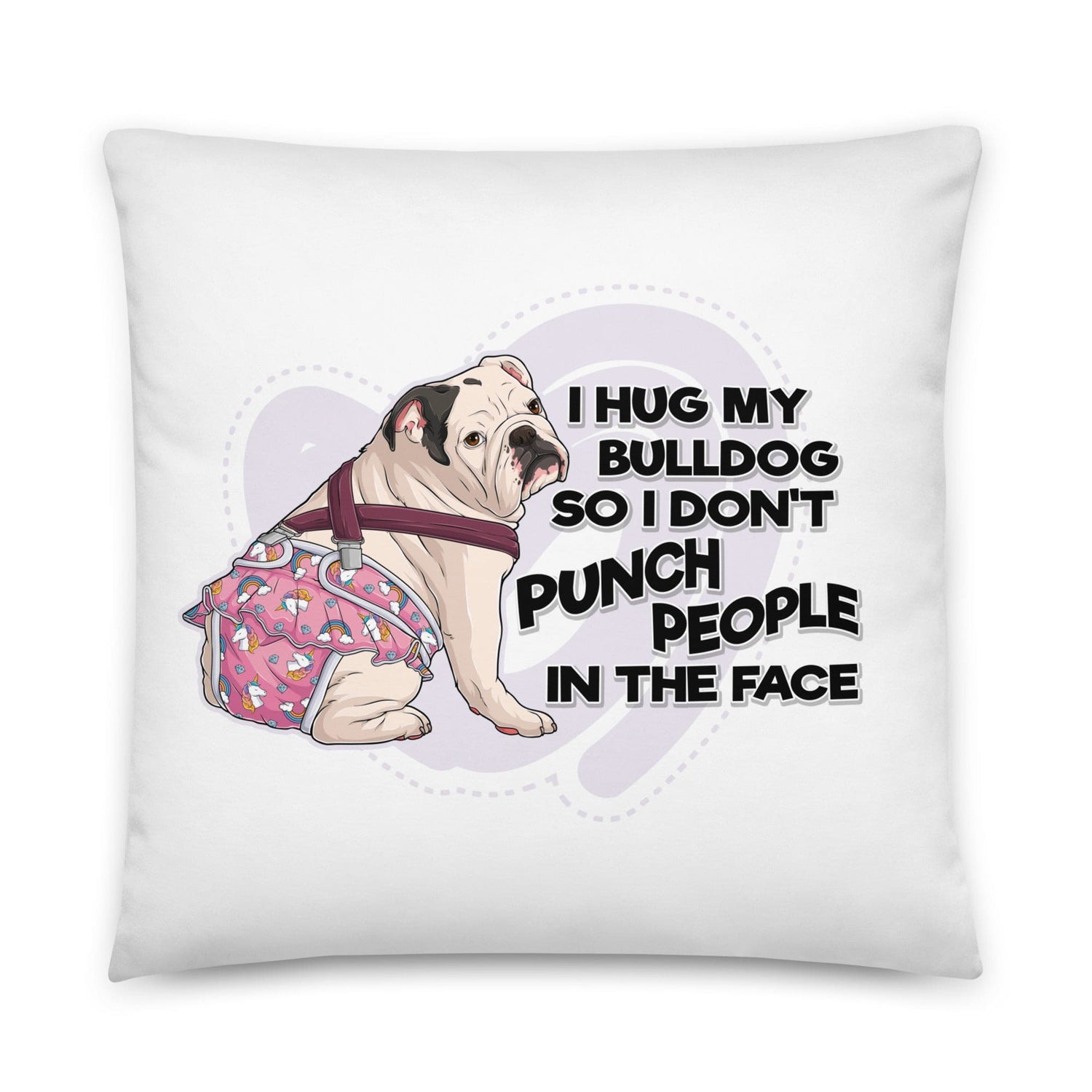 "I Hug My Bulldog" Female English Bulldog Throw Pillow | B&W Colored with Spina Bifida