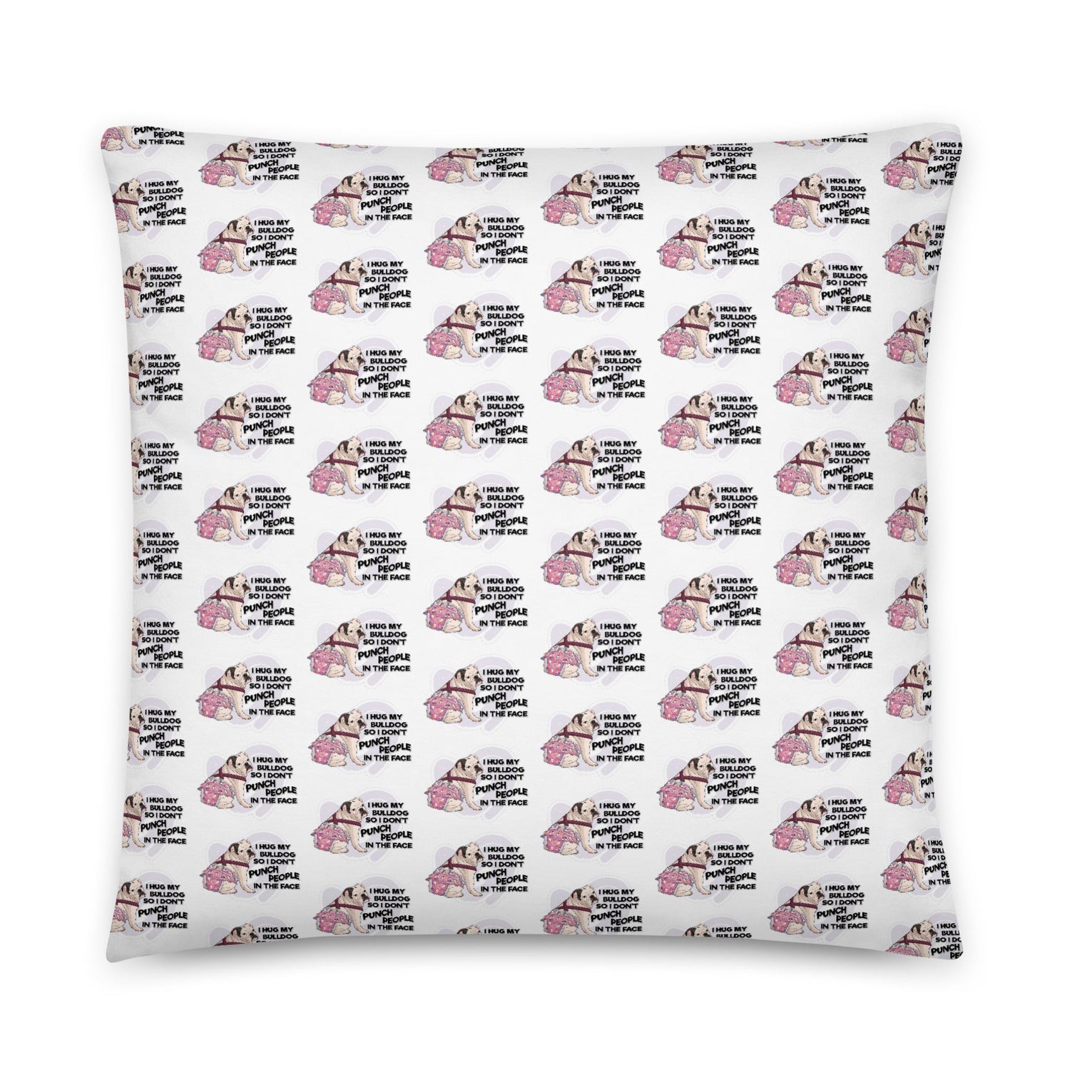 "I Hug My Bulldog" Female English Bulldog Throw Pillow | B&W Colored with Spina Bifida