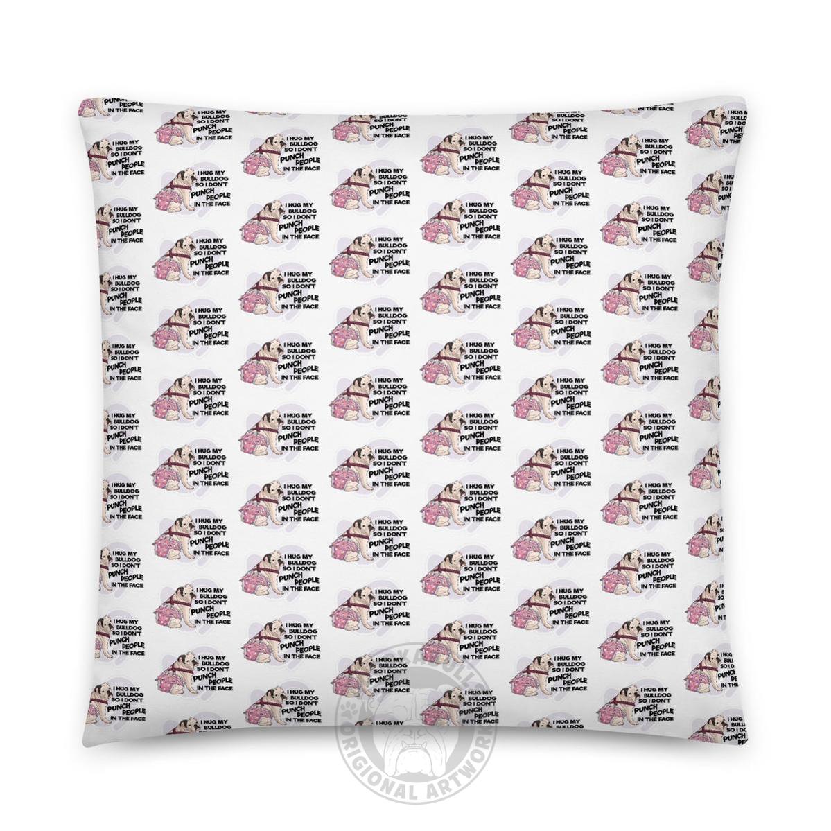 "I Hug My Bulldog" Female English Bulldog Throw Pillow | B&W Colored with Spina Bifida