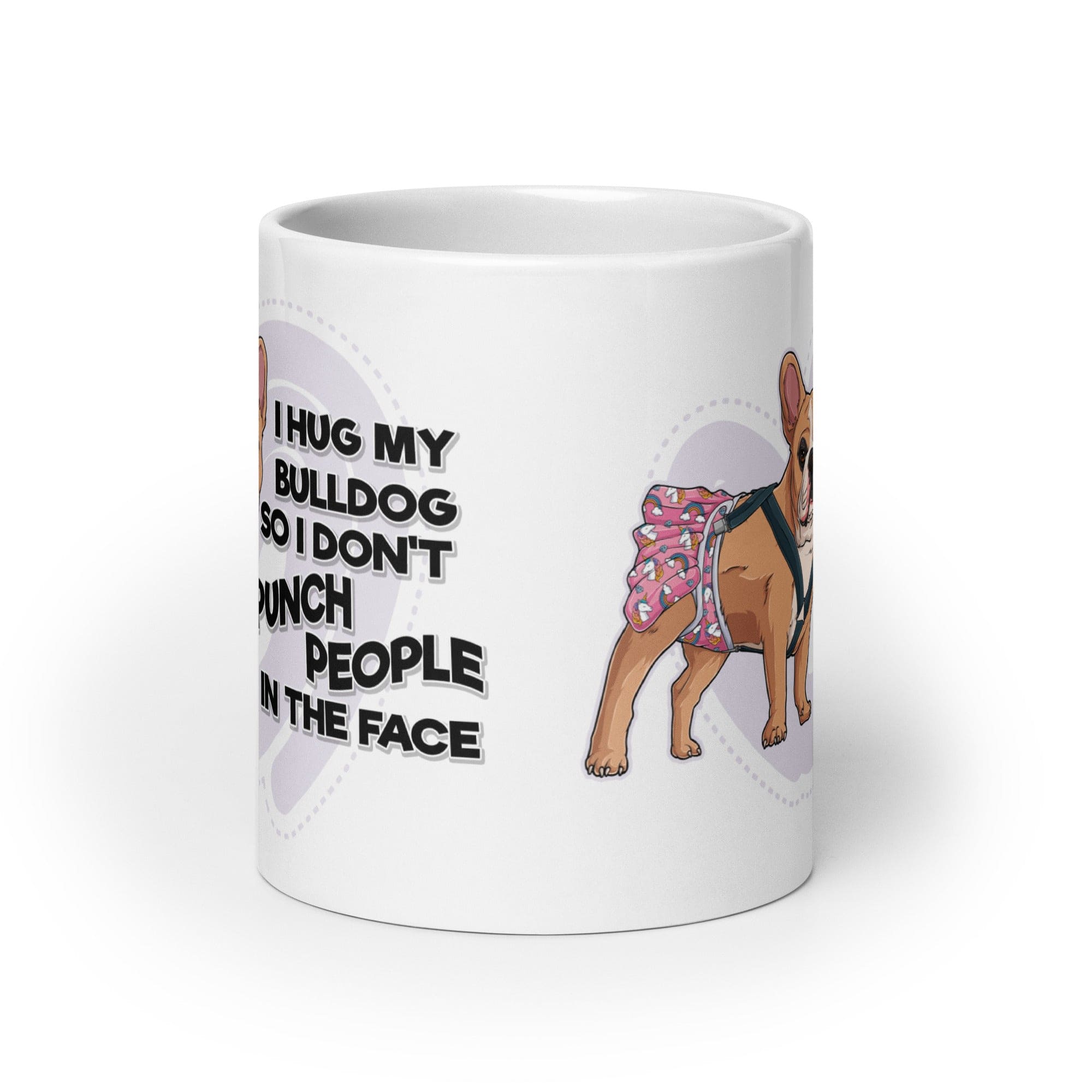 "I Hug My Bulldog" Female French Bulldog Mug | Fawn & White Colored with Spina Bifida