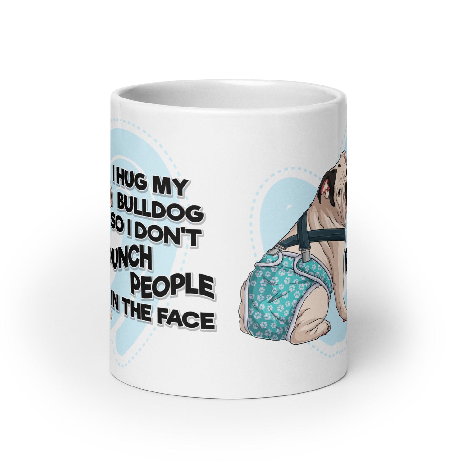 "I Hug My Bulldog" Male English Bulldog Mug | White & Black Color with Spina Bifida