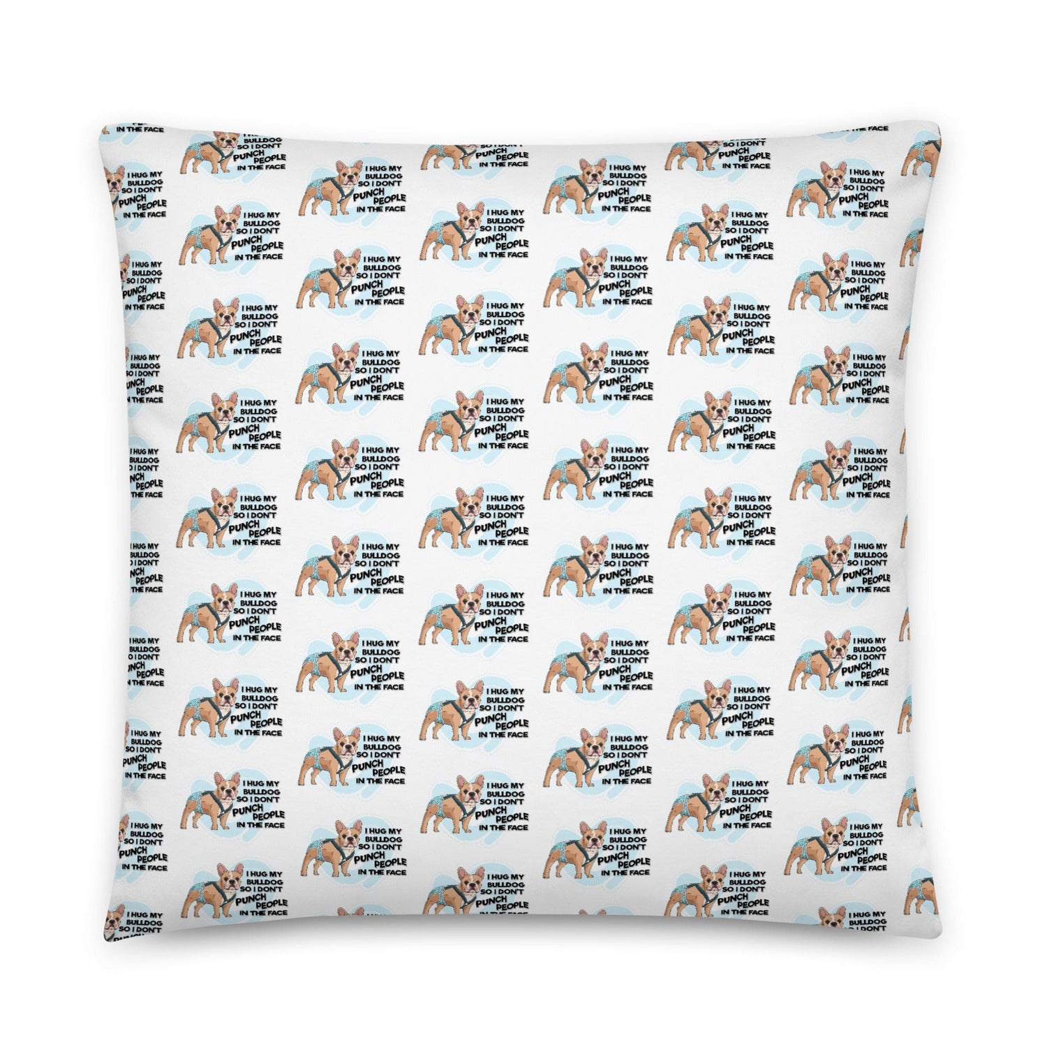 "I Hug My Bulldog" Male French Bulldog Throw Pillow | Fawn & White with Spina Bifida