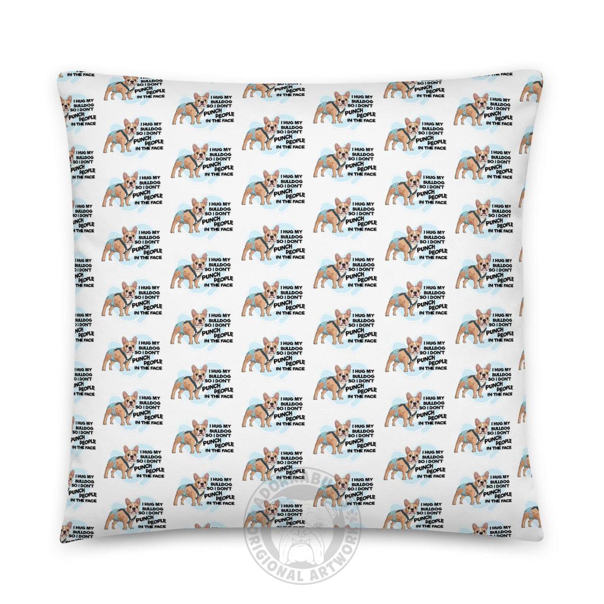 "I Hug My Bulldog" Male French Bulldog Throw Pillow | Fawn & White with Spina Bifida