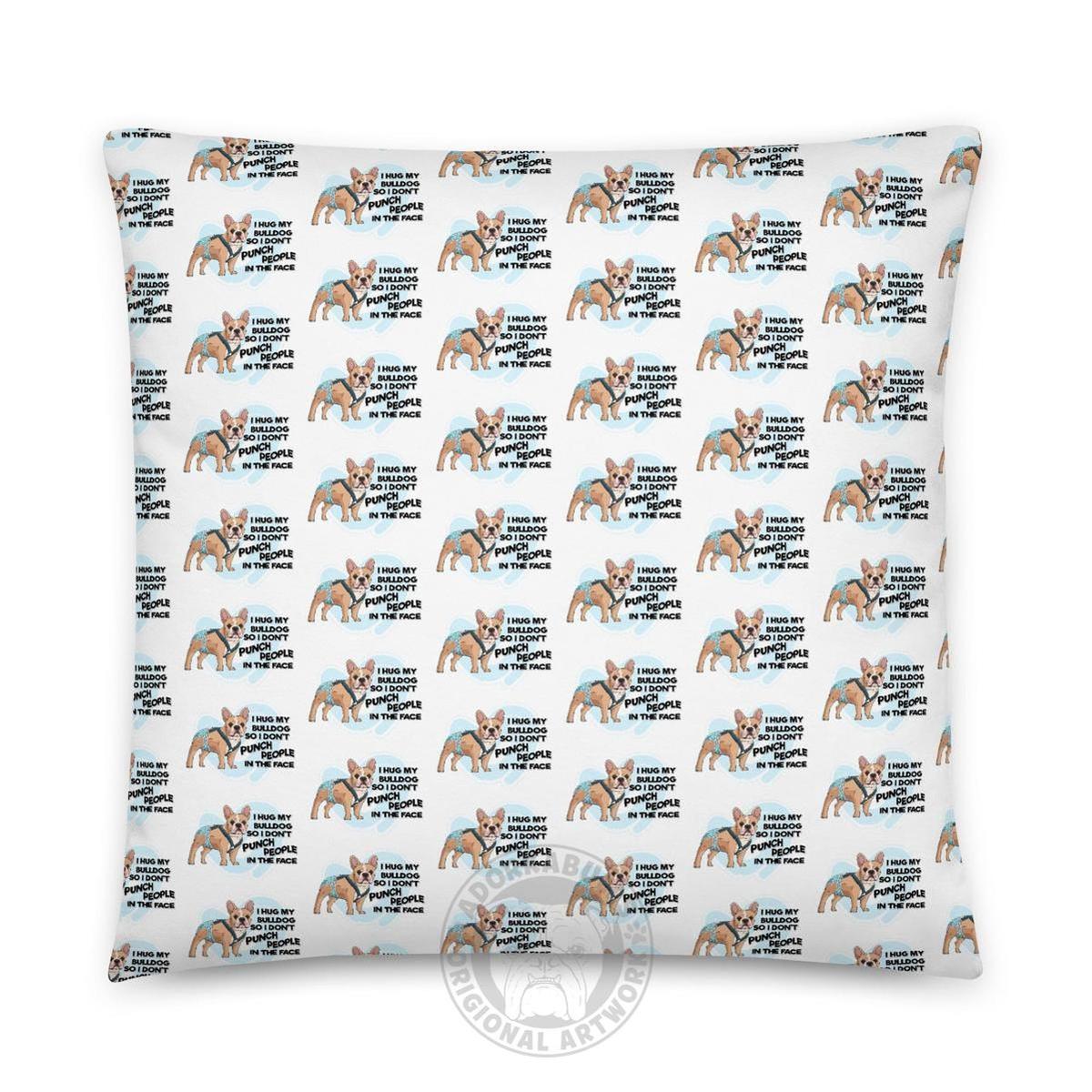 "I Hug My Bulldog" Male French Bulldog Throw Pillow | Fawn & White with Spina Bifida