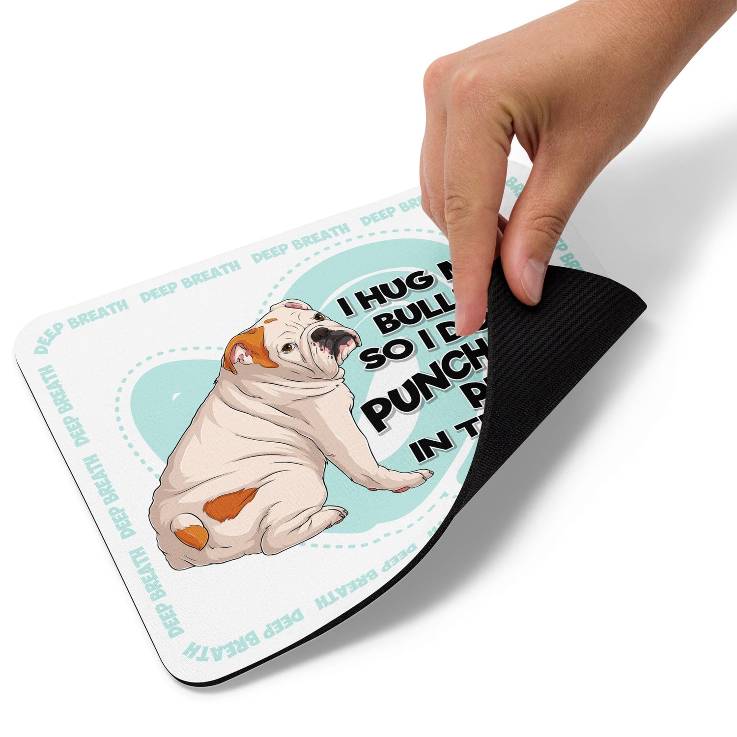 "I Hug My Bulldog" Mouse Pad | White & Red Colored English Bulldog