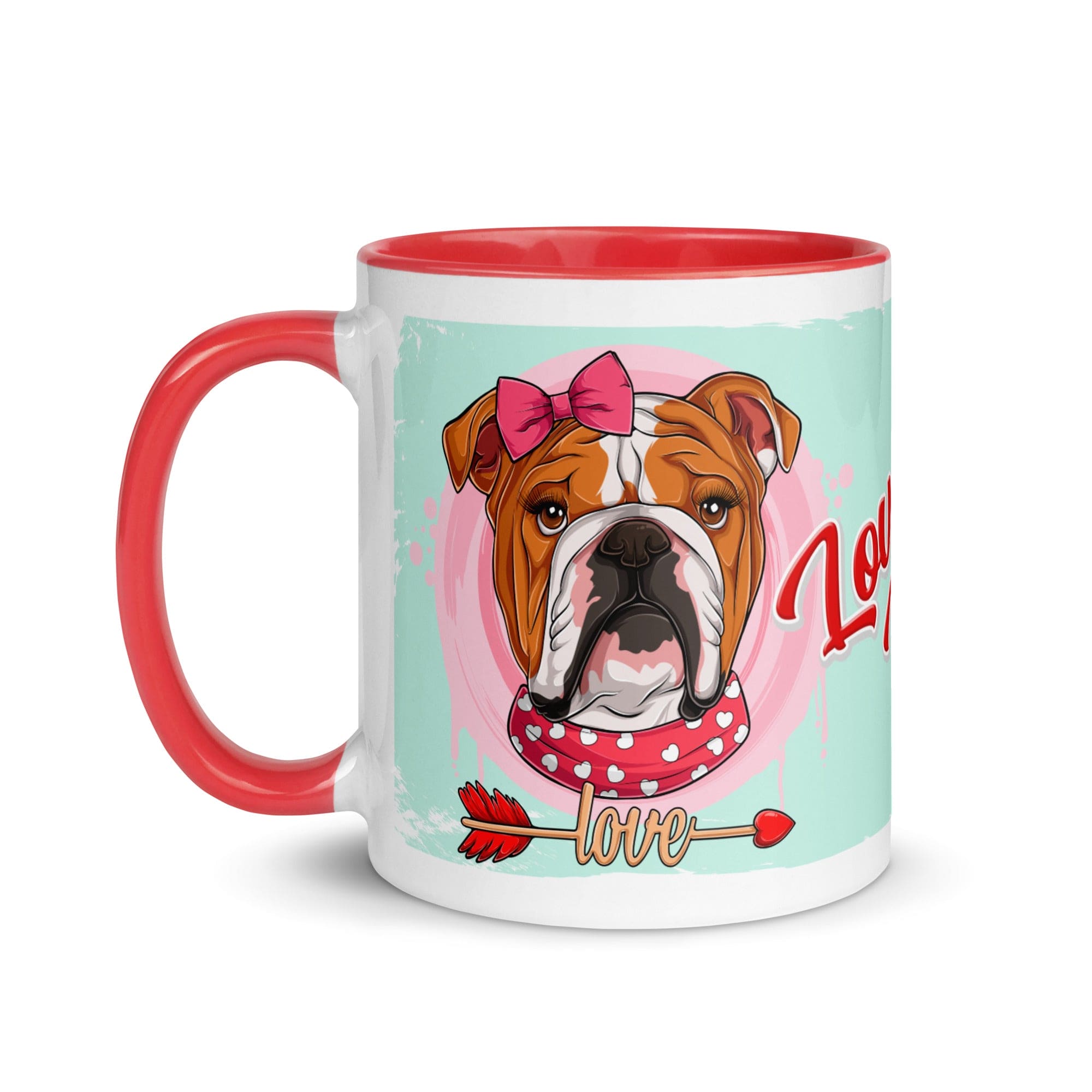 "Love Bug" with Arrow of Love English Bulldog Mug | Red & White Colored Female