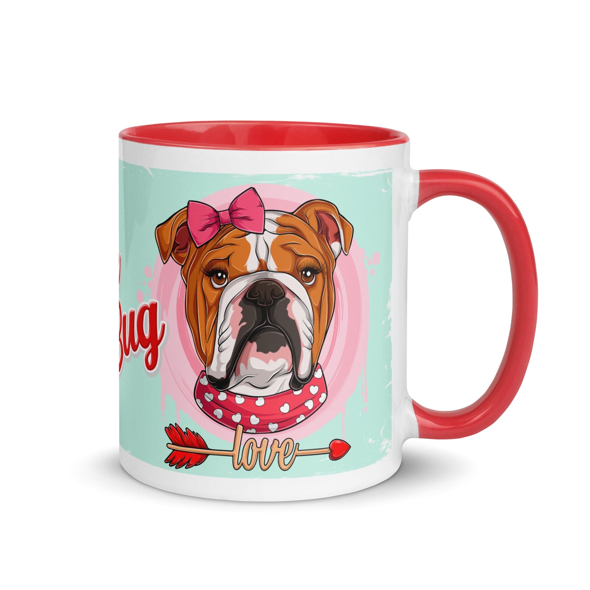 "Love Bug" with Arrow of Love English Bulldog Mug | Red & White Colored Female