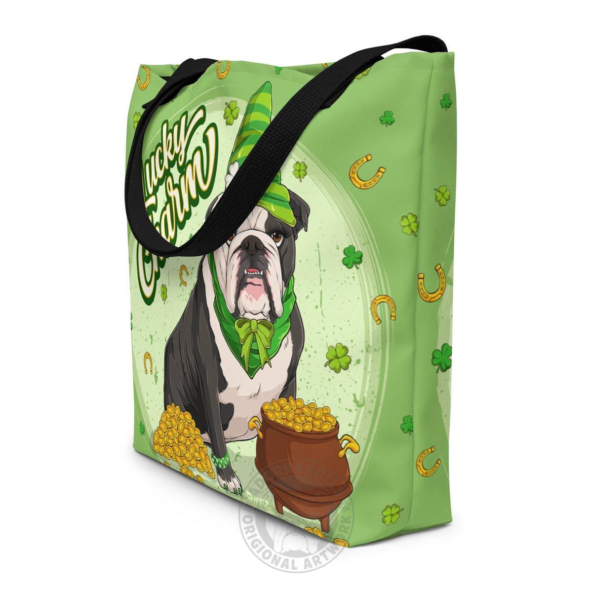"Lucky Charm" Female Bulldog Large Tote Bag with Pocket | B&W Colored
