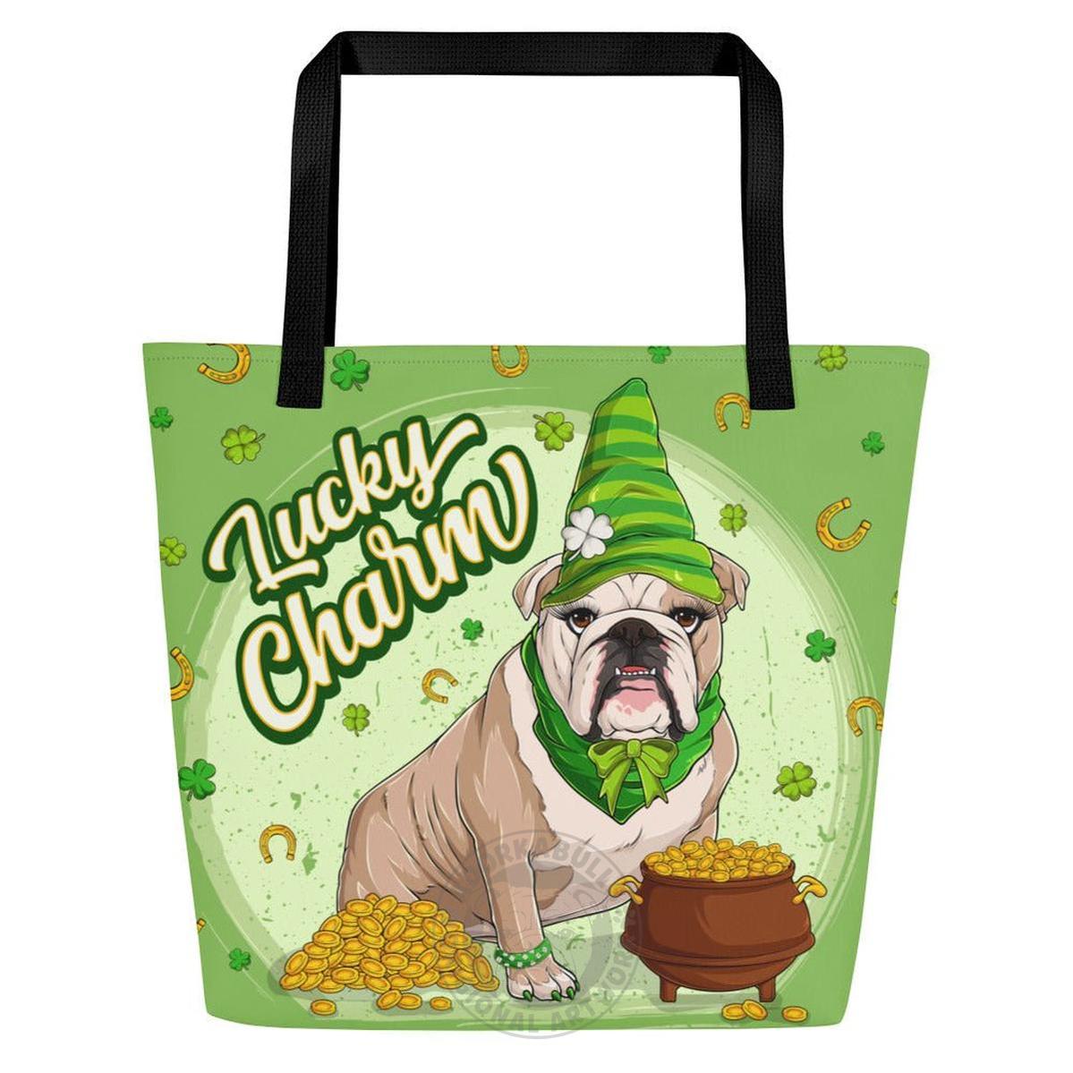 "Lucky Charm" Female Bulldog Large Tote Bag with Pocket | Fawn & White Colored