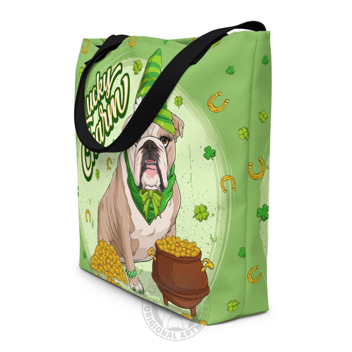 "Lucky Charm" Female Bulldog Large Tote Bag with Pocket | Fawn & White Colored