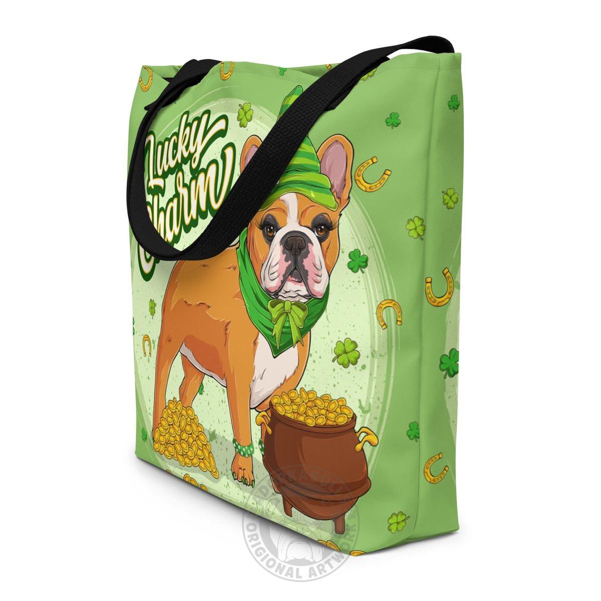"Lucky Charm" Female Frenchie Large Tote Bag with Pocket | Red & White Colored