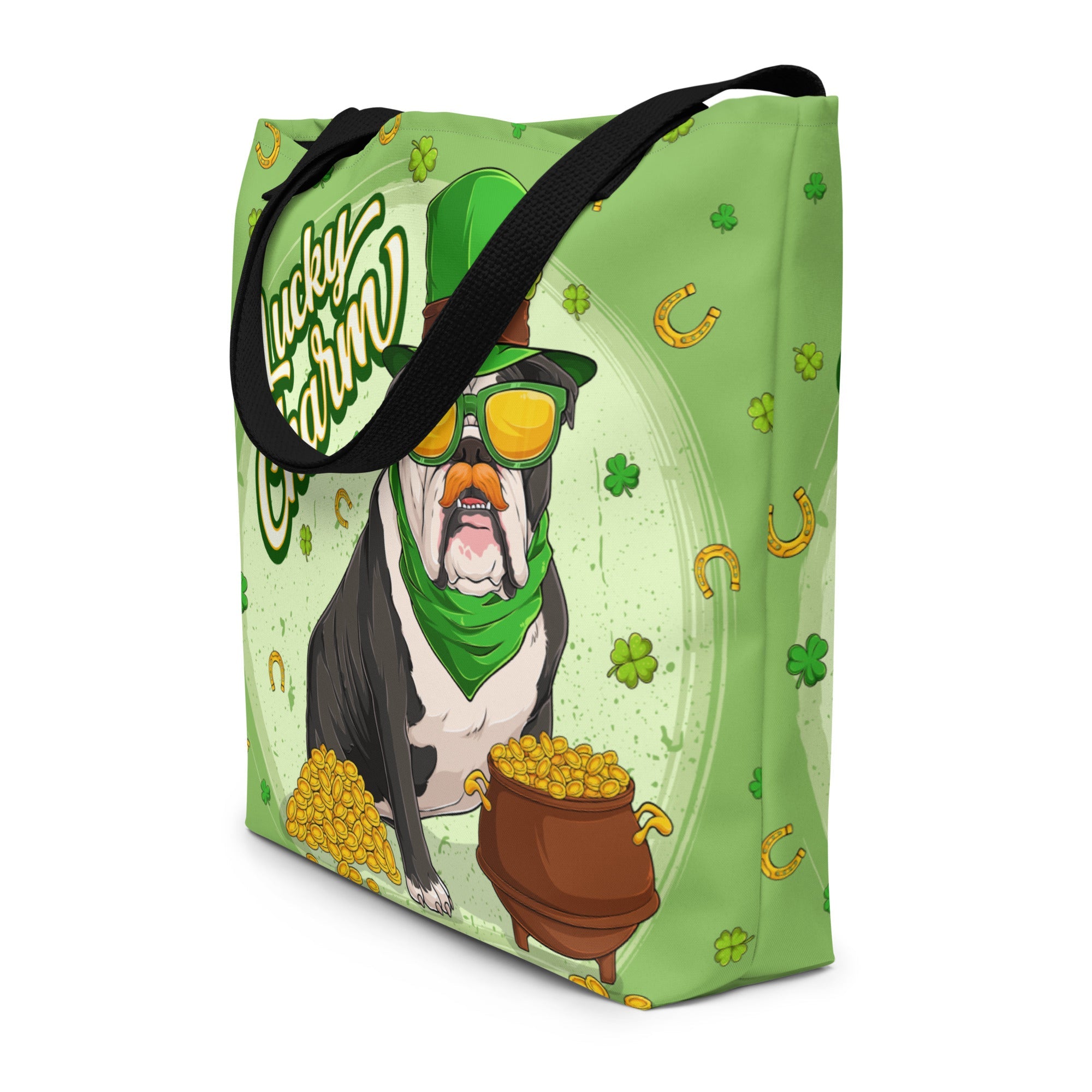 "Lucky Charm" Male Bulldog Large Tote Bag with Pocket | B&W Colored