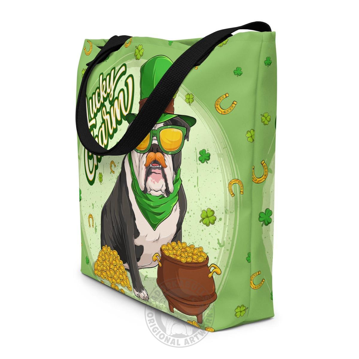 "Lucky Charm" Male Bulldog Large Tote Bag with Pocket | B&W Colored