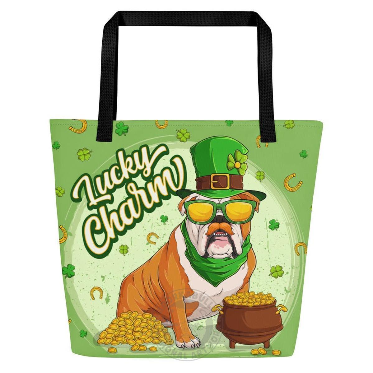 "Lucky Charm" Male Bulldog Large Tote Bag with Pocket | Red & White Colored