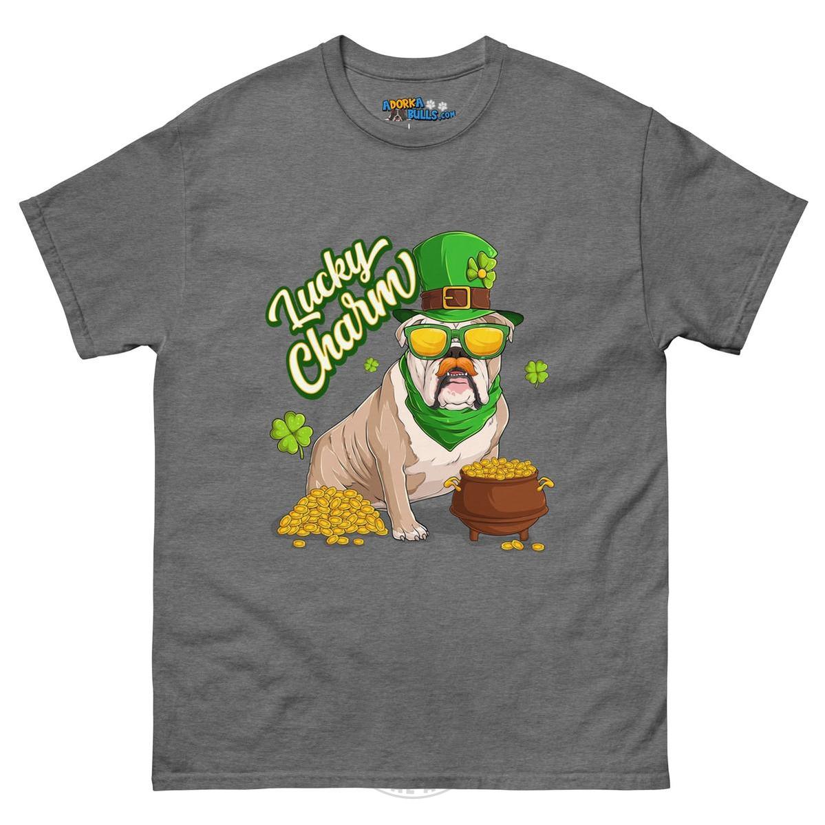 "Lucky Charm" Male Bulldog Men’s T-Shirt | Fawn & White Colored