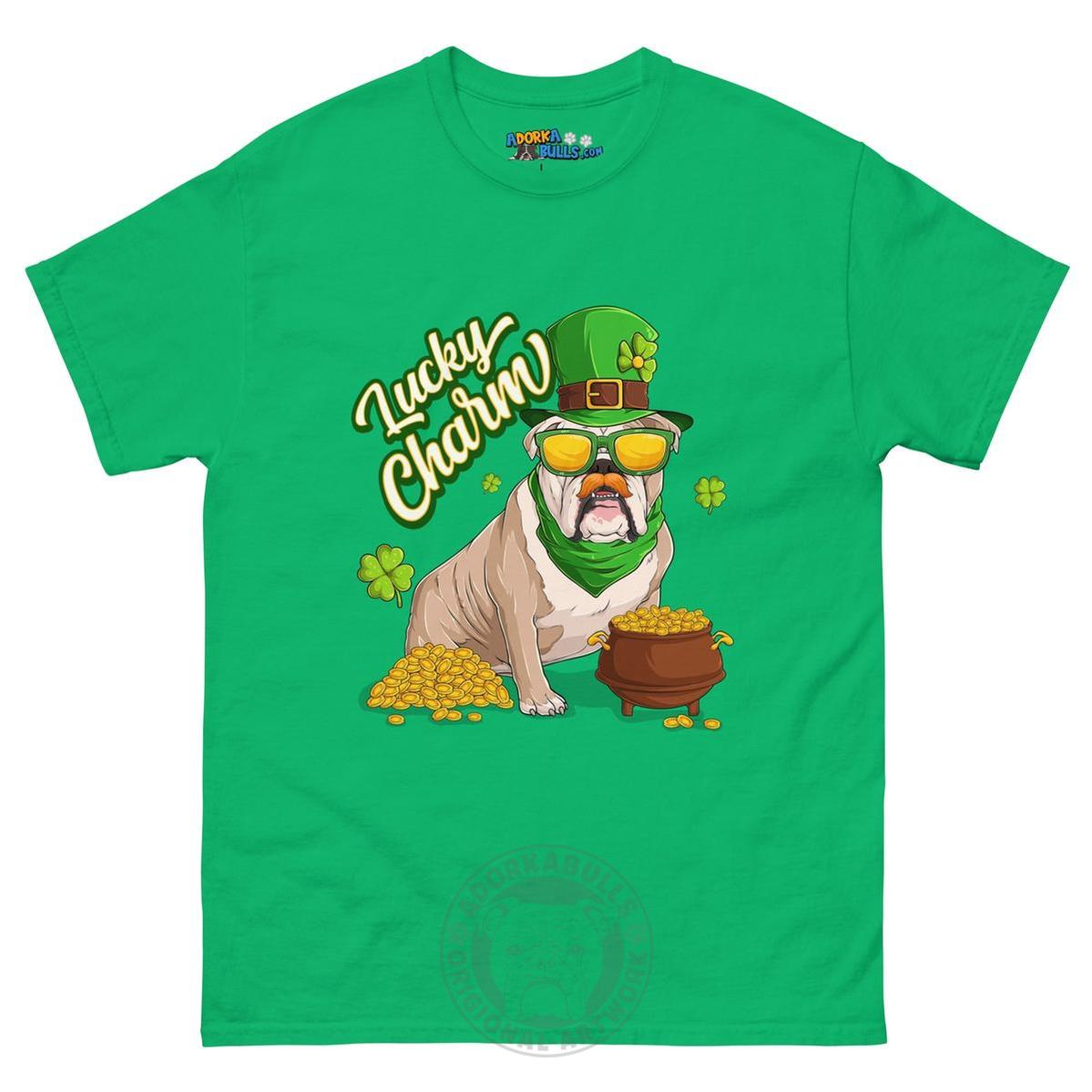 "Lucky Charm" Male Bulldog Men’s T-Shirt | Fawn & White Colored