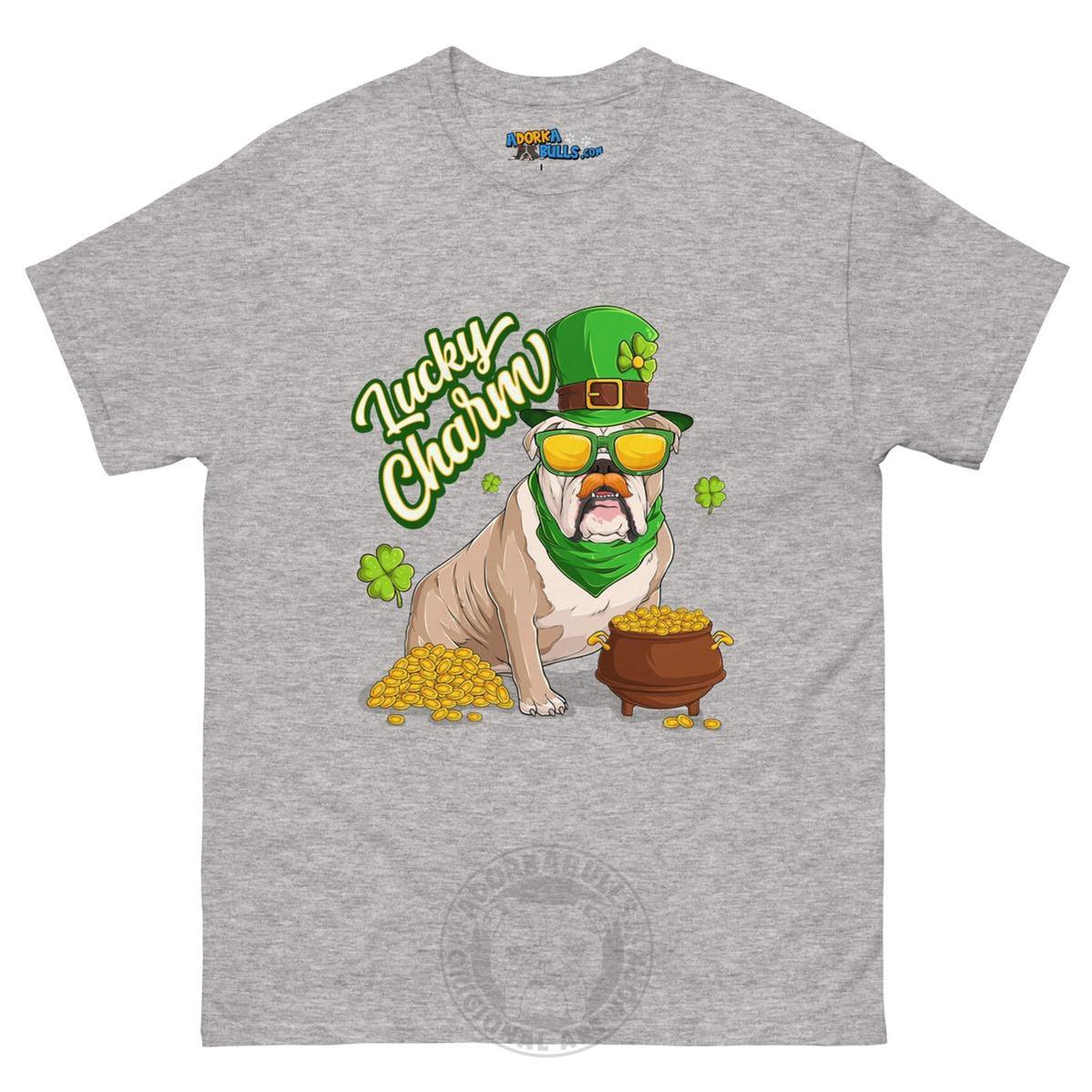 "Lucky Charm" Male Bulldog Men’s T-Shirt | Fawn & White Colored