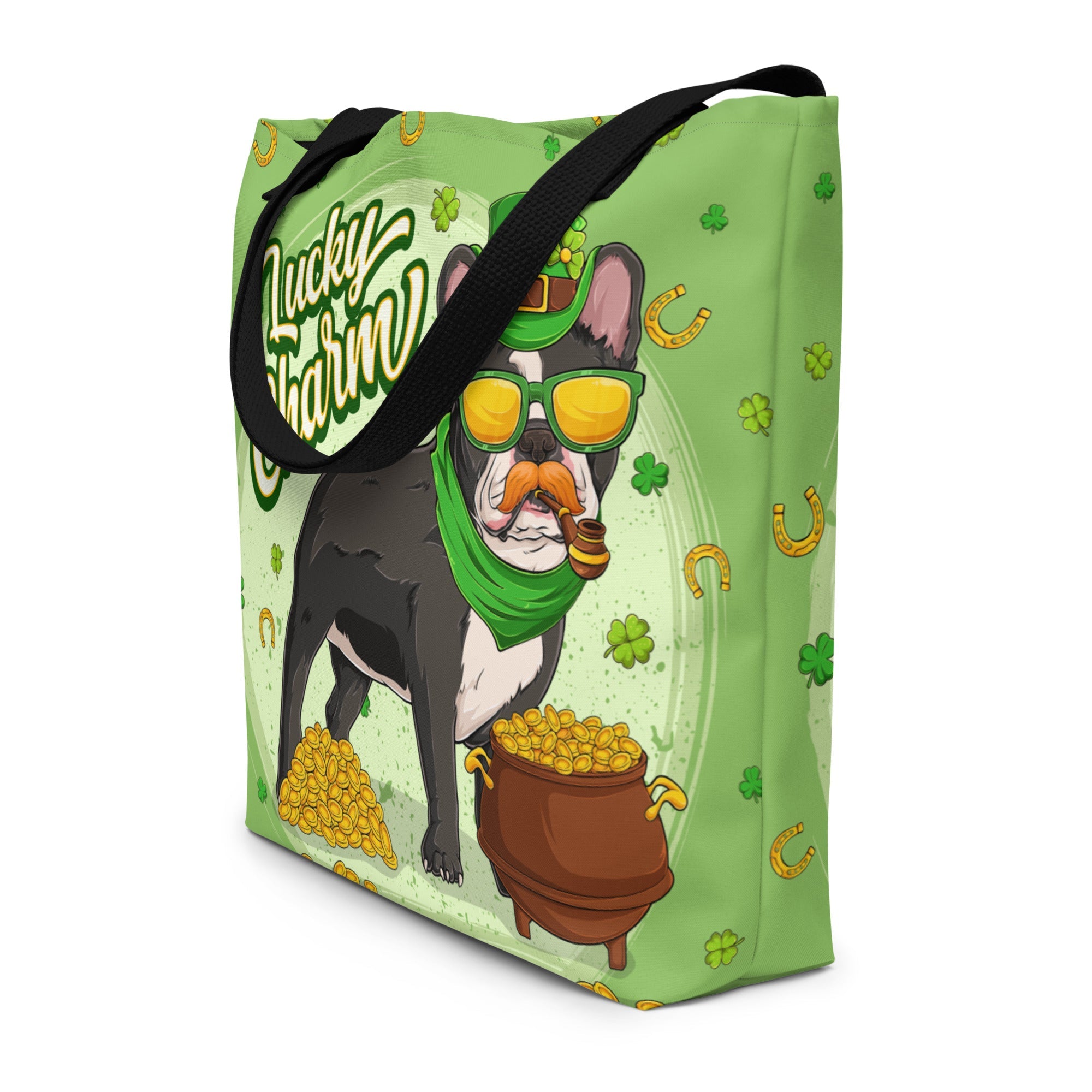"Lucky Charm" Male Frenchie Large Tote Bag with Pocket | B&W Colored