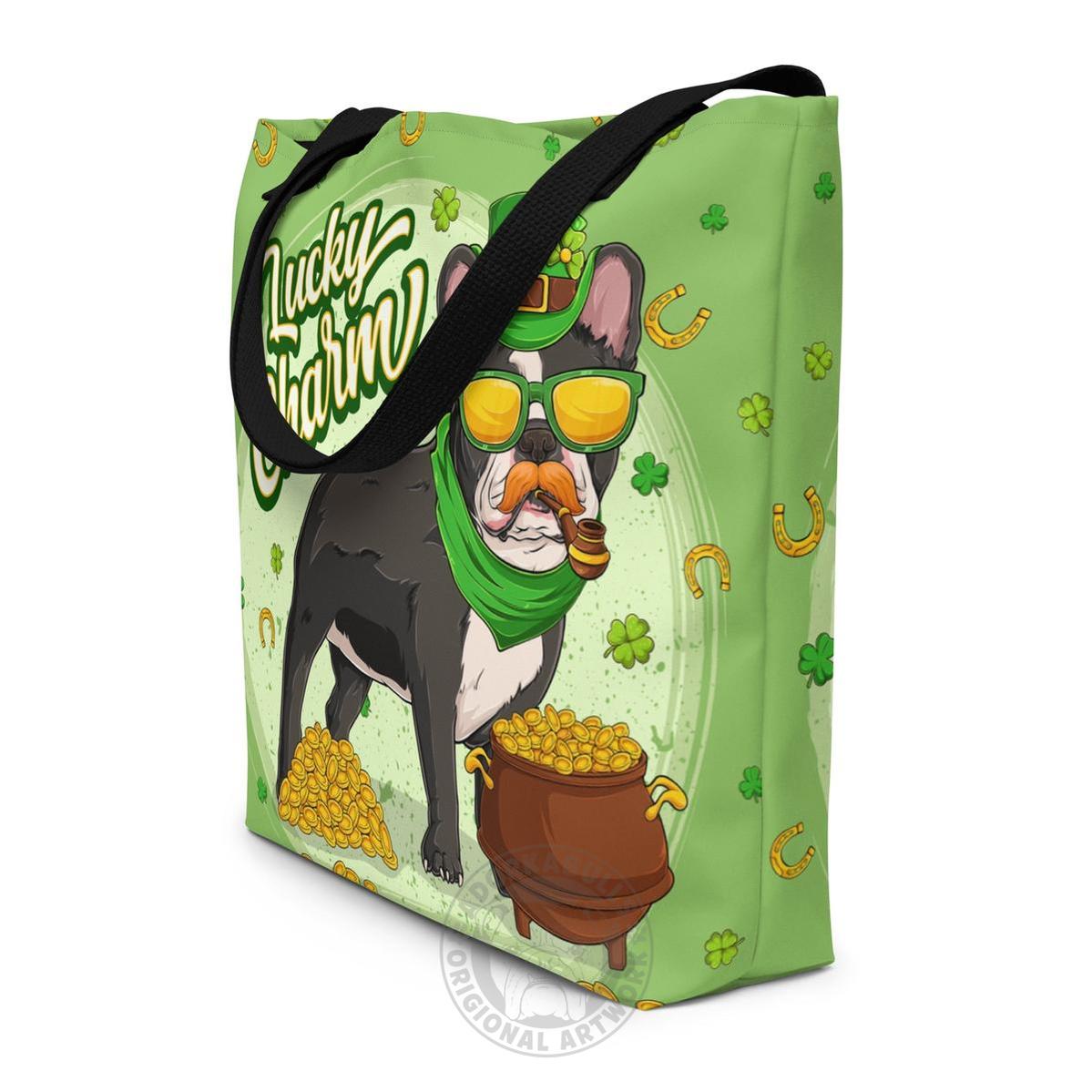 "Lucky Charm" Male Frenchie Large Tote Bag with Pocket | B&W Colored