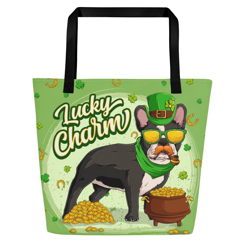 "Lucky Charm" Male Frenchie Large Tote Bag with Pocket | B&W Colored