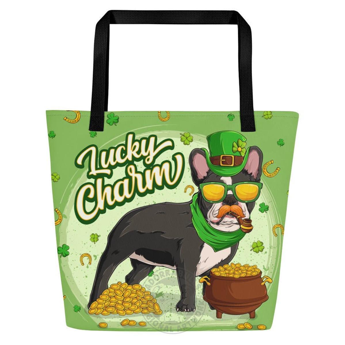 "Lucky Charm" Male Frenchie Large Tote Bag with Pocket | B&W Colored