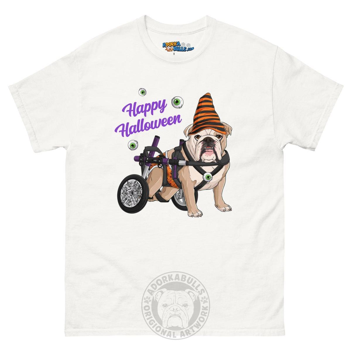 Happy Halloween Pumpkin Wheelchair Tee – English Bulldog · Fawn & White · Male – White