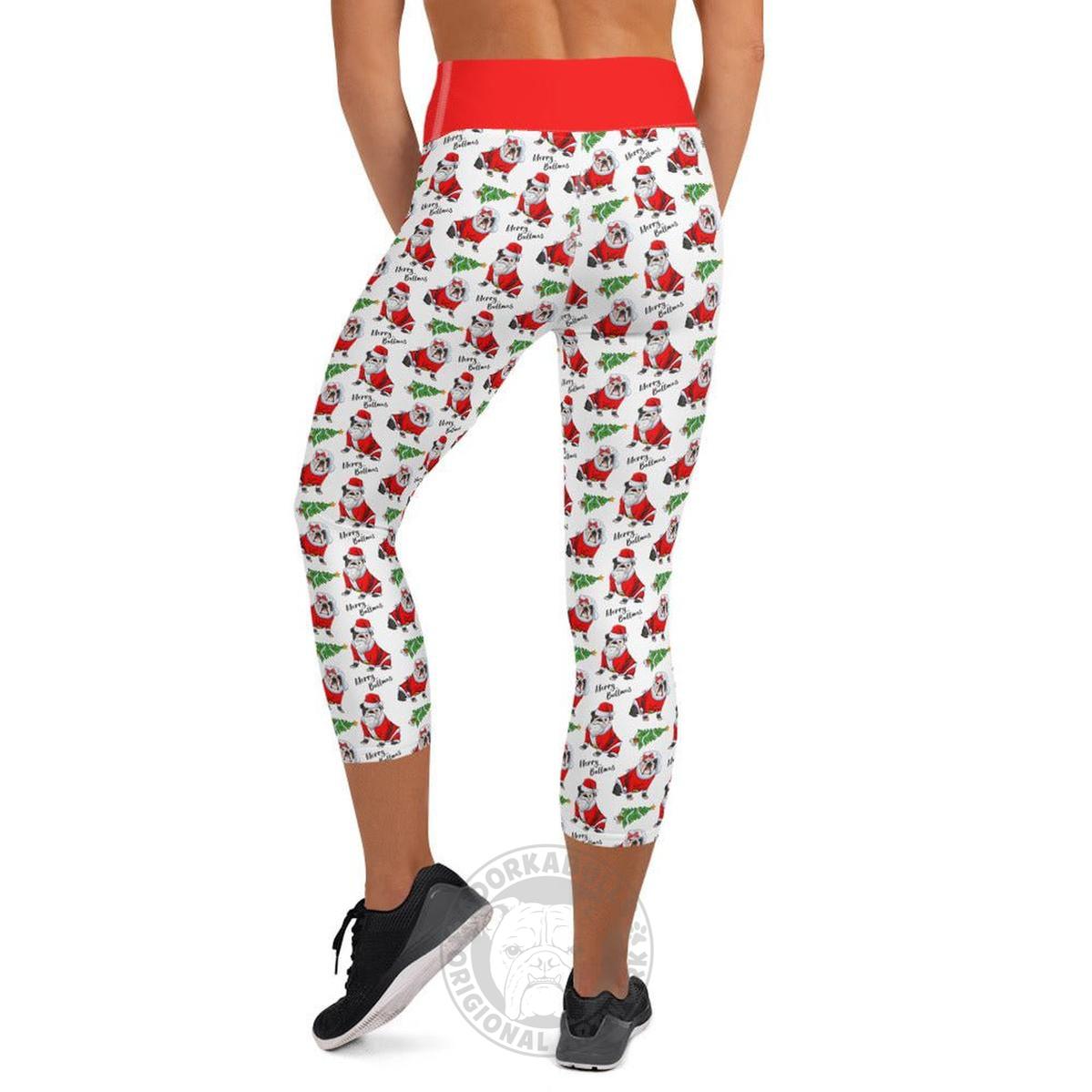 "Merry Bullmas" English Bulldog Capri Leggings | B&W Colored