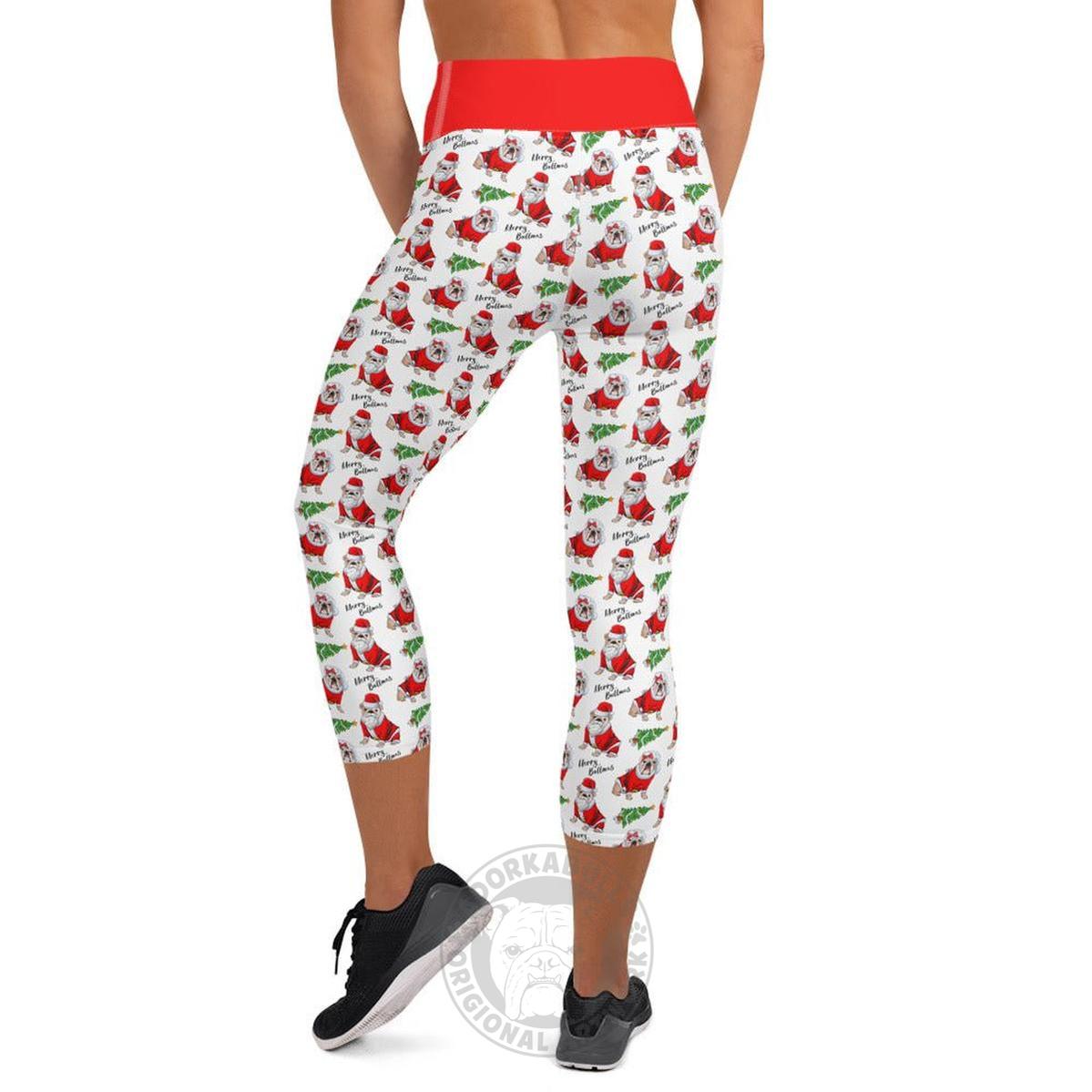 "Merry Bullmas" English Bulldog Capri Leggings | Fawn & White Colored
