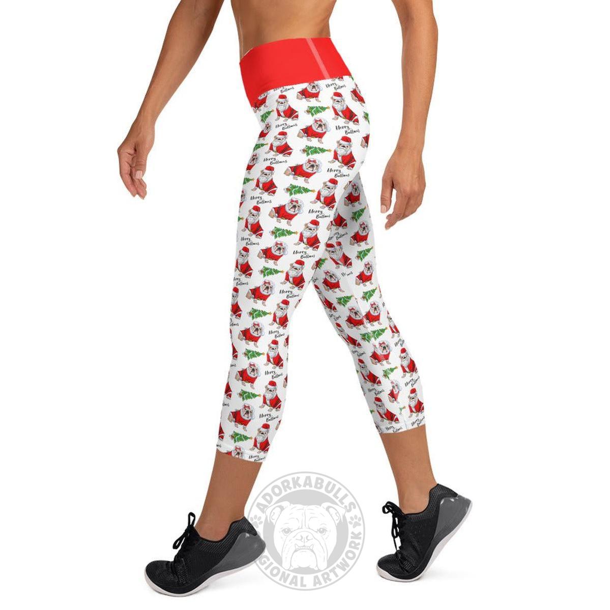 "Merry Bullmas" English Bulldog Capri Leggings | Fawn & White Colored
