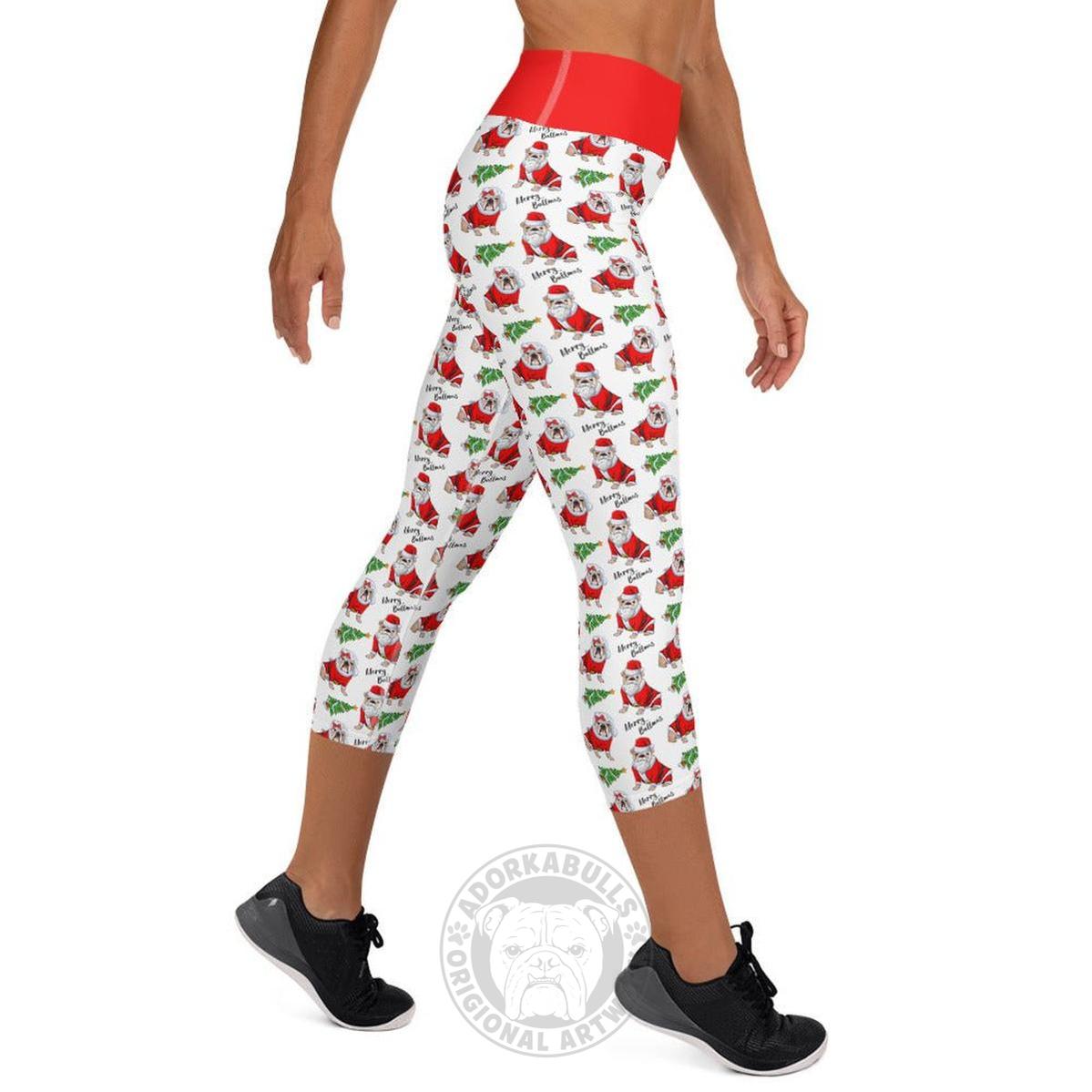 "Merry Bullmas" English Bulldog Capri Leggings | Fawn & White Colored