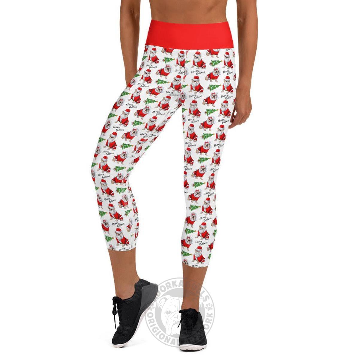 "Merry Bullmas" English Bulldog Capri Leggings | Fawn & White Colored