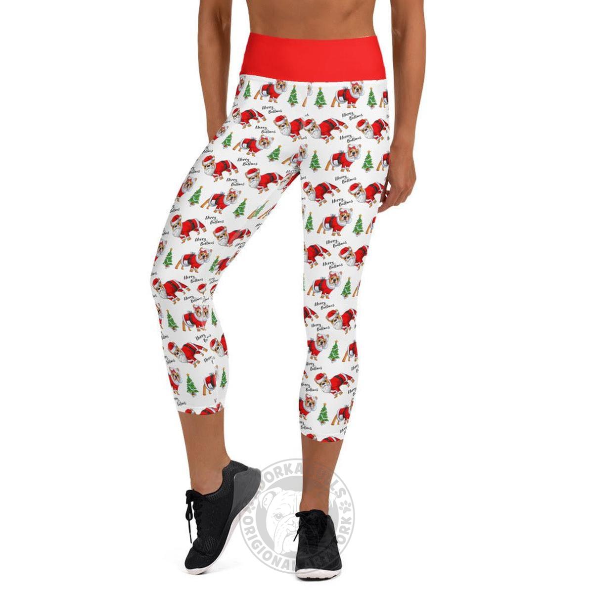"Merry Bullmas" French Bulldog Capri Leggings | Red & White Colored