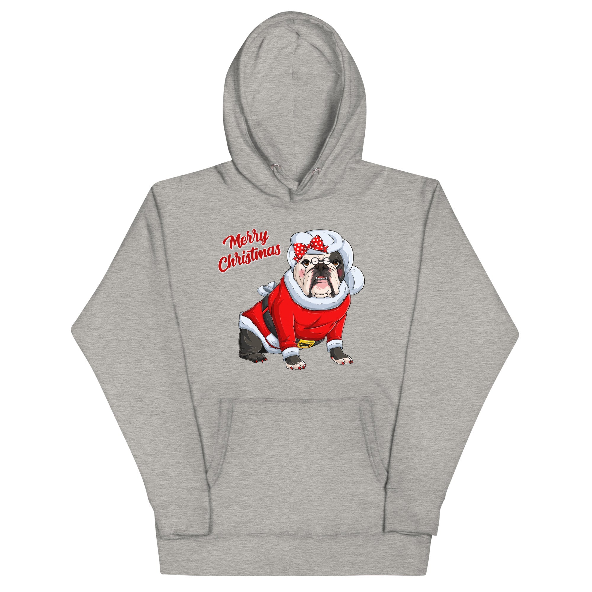 "Merry Christmas" Mrs. Claus Bulldog Unisex Hoodie | B&W Colored