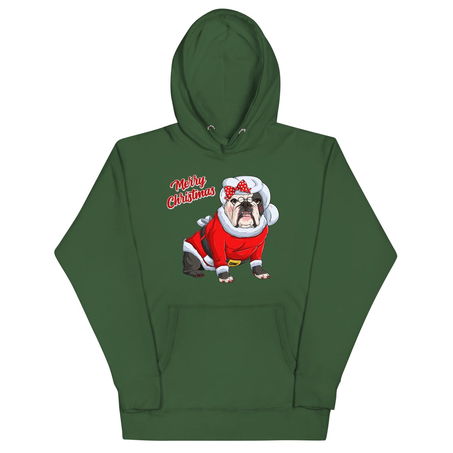 "Merry Christmas" Mrs. Claus Bulldog Unisex Hoodie | B&W Colored