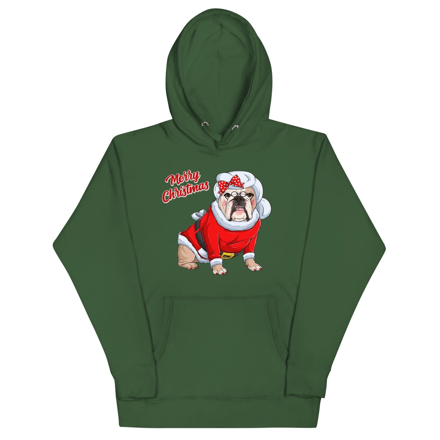 "Merry Christmas" Mrs. Claus Bulldog Unisex Hoodie | Fawn & White Colored
