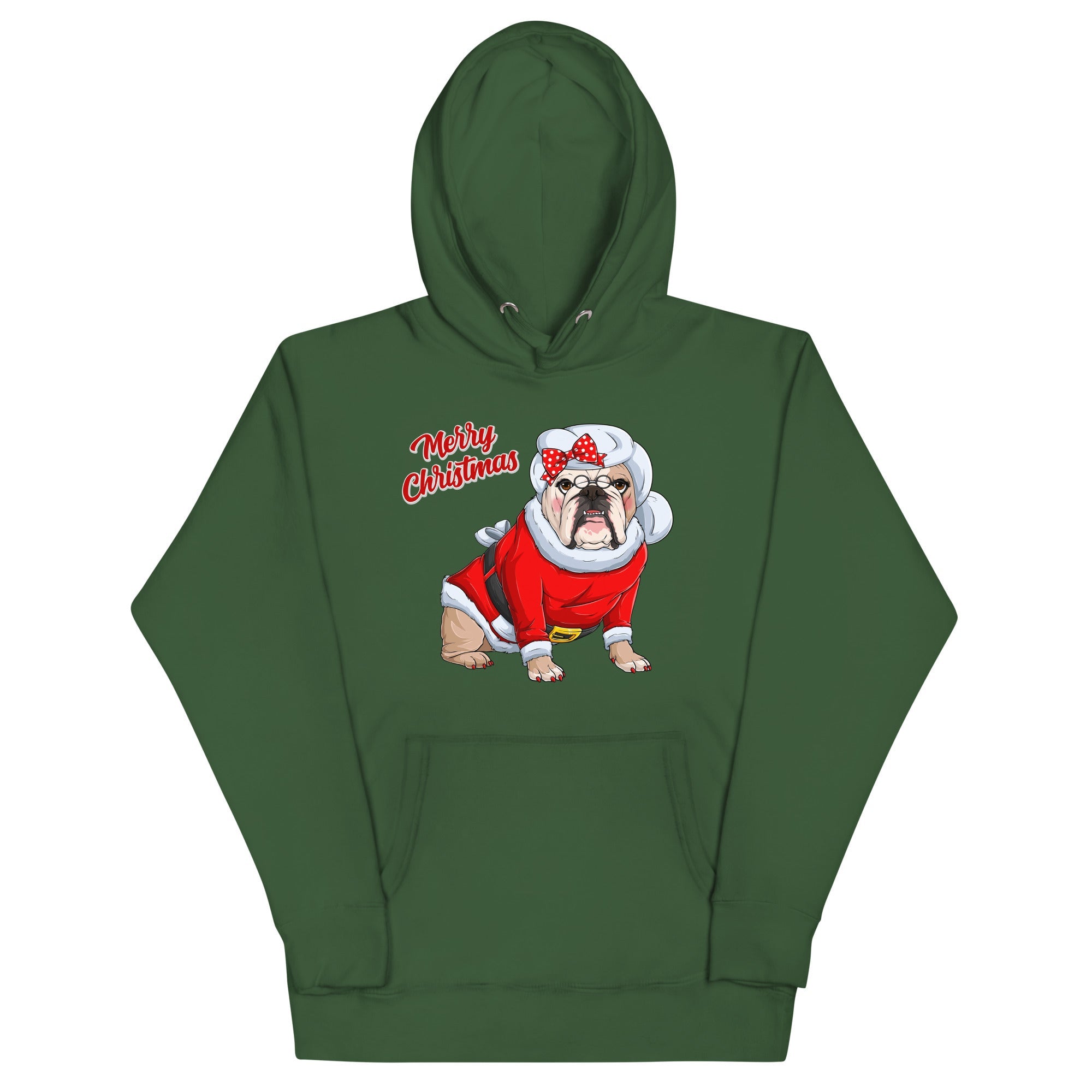 "Merry Christmas" Mrs. Claus Bulldog Unisex Hoodie | Fawn & White Colored